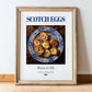 Scotch Eggs – English Snack Dish, Bistro Illustration, in wooden frame leaning on the floor