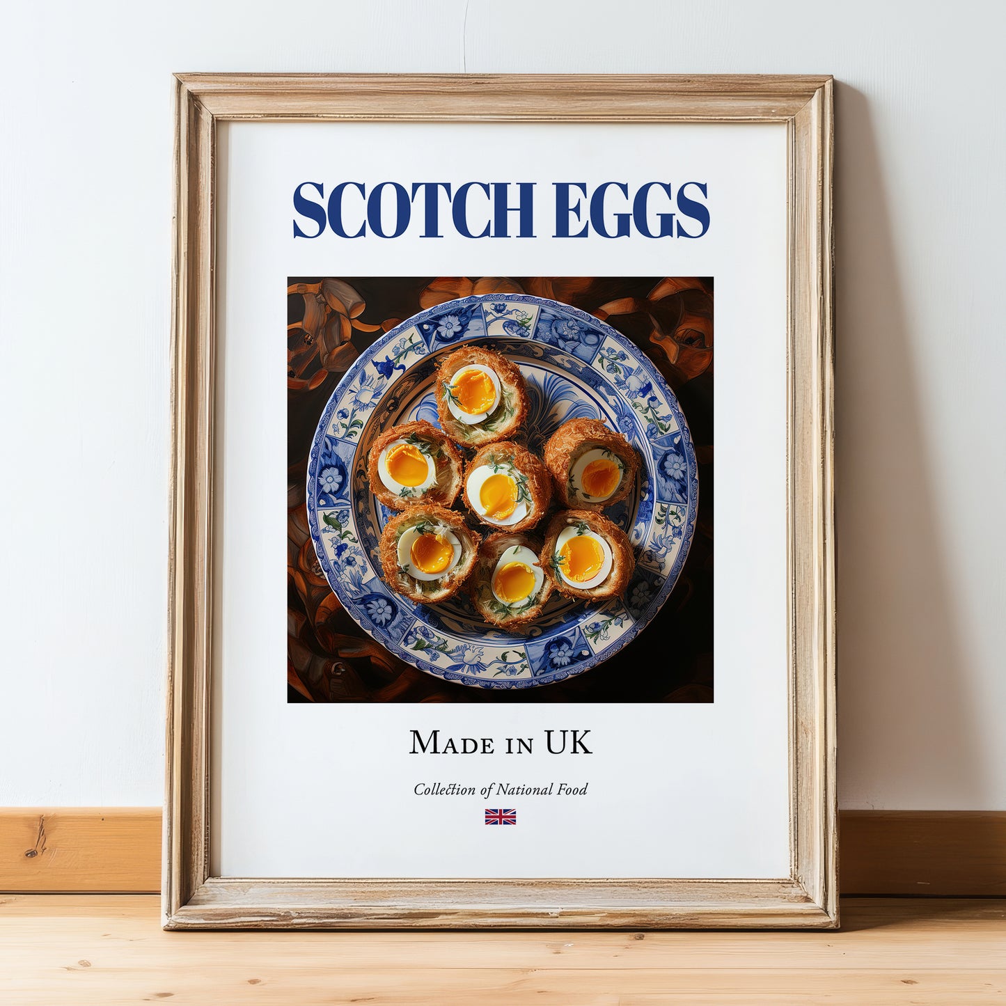 Scotch Eggs – English Snack Dish, Bistro Illustration, in wooden frame leaning on the floor