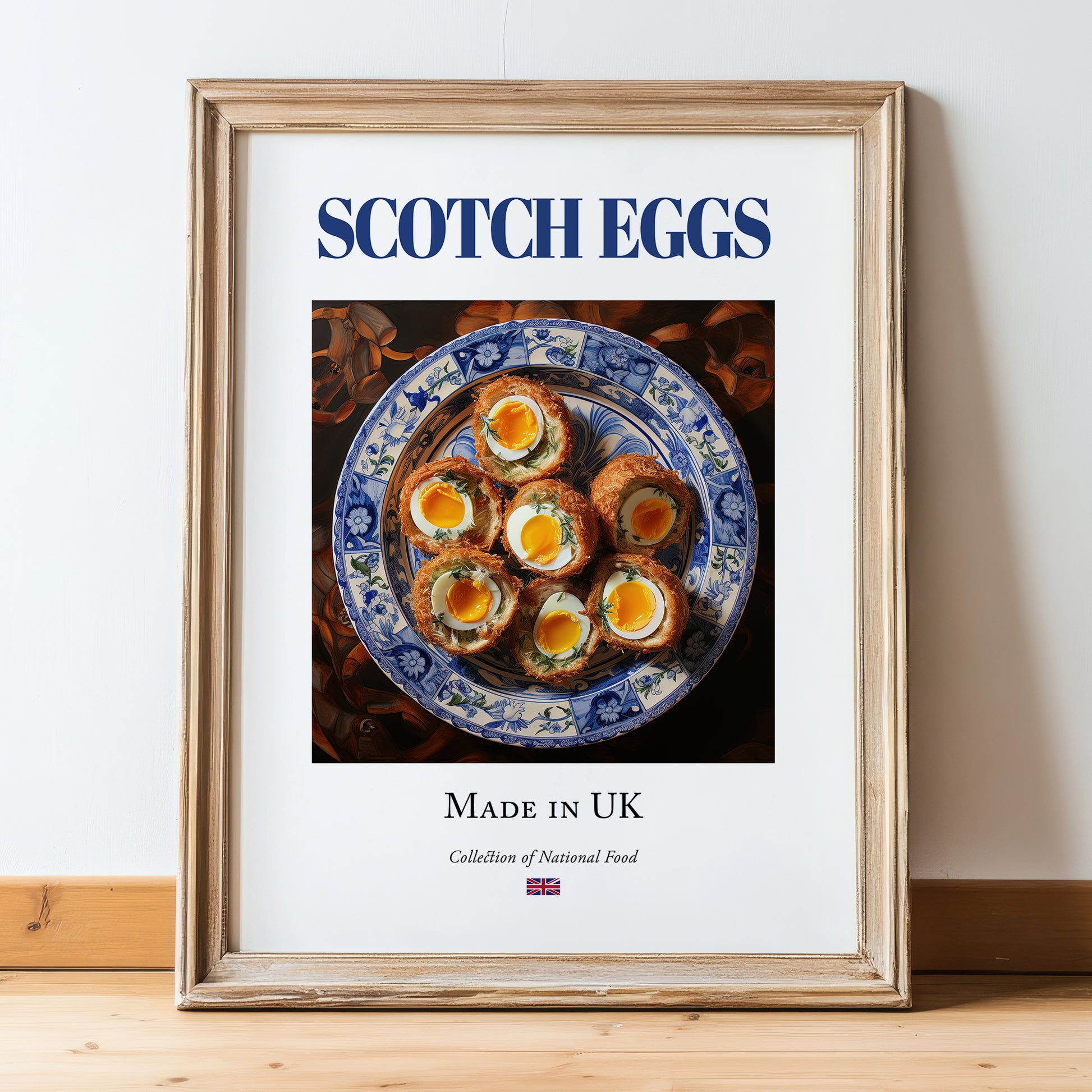Scotch Eggs – English Snack Dish, Bistro Illustration, in wooden frame leaning on the floor