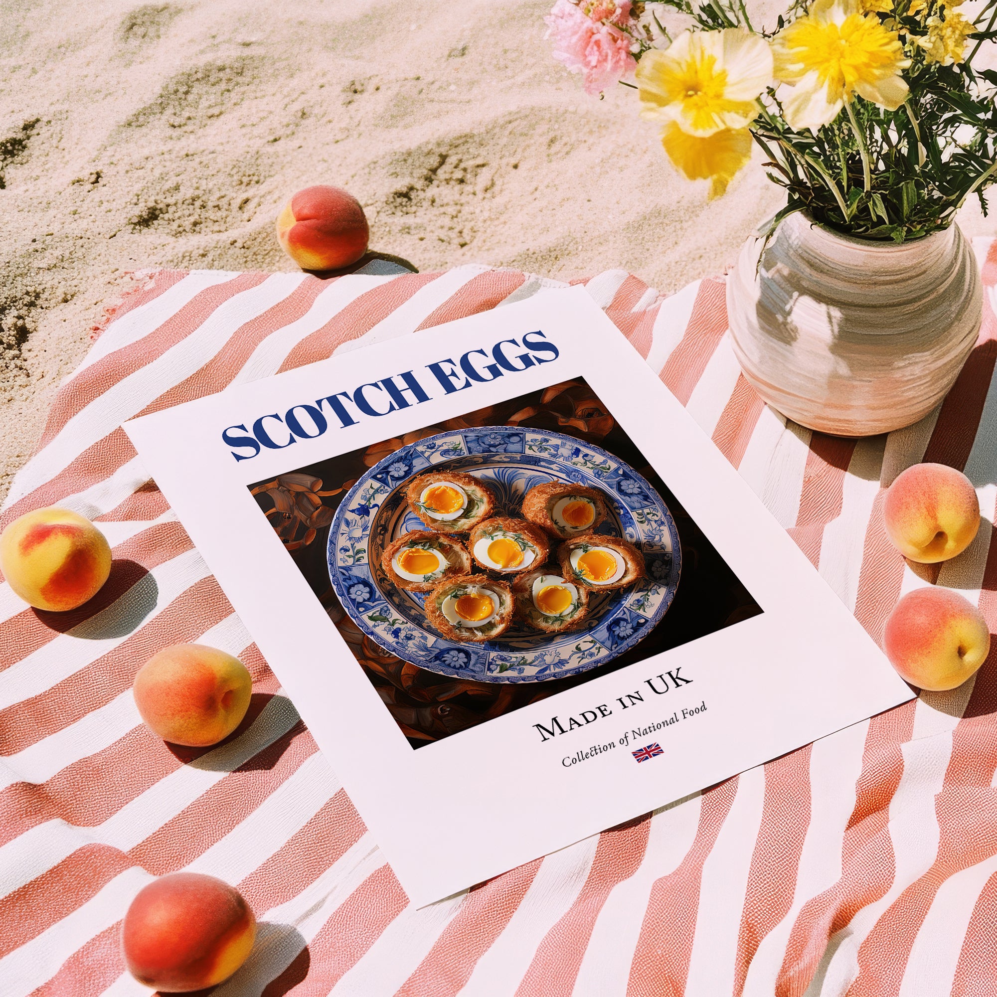 Scotch Eggs – English Snack Dish, Bistro Illustration, unframed on coastal sand