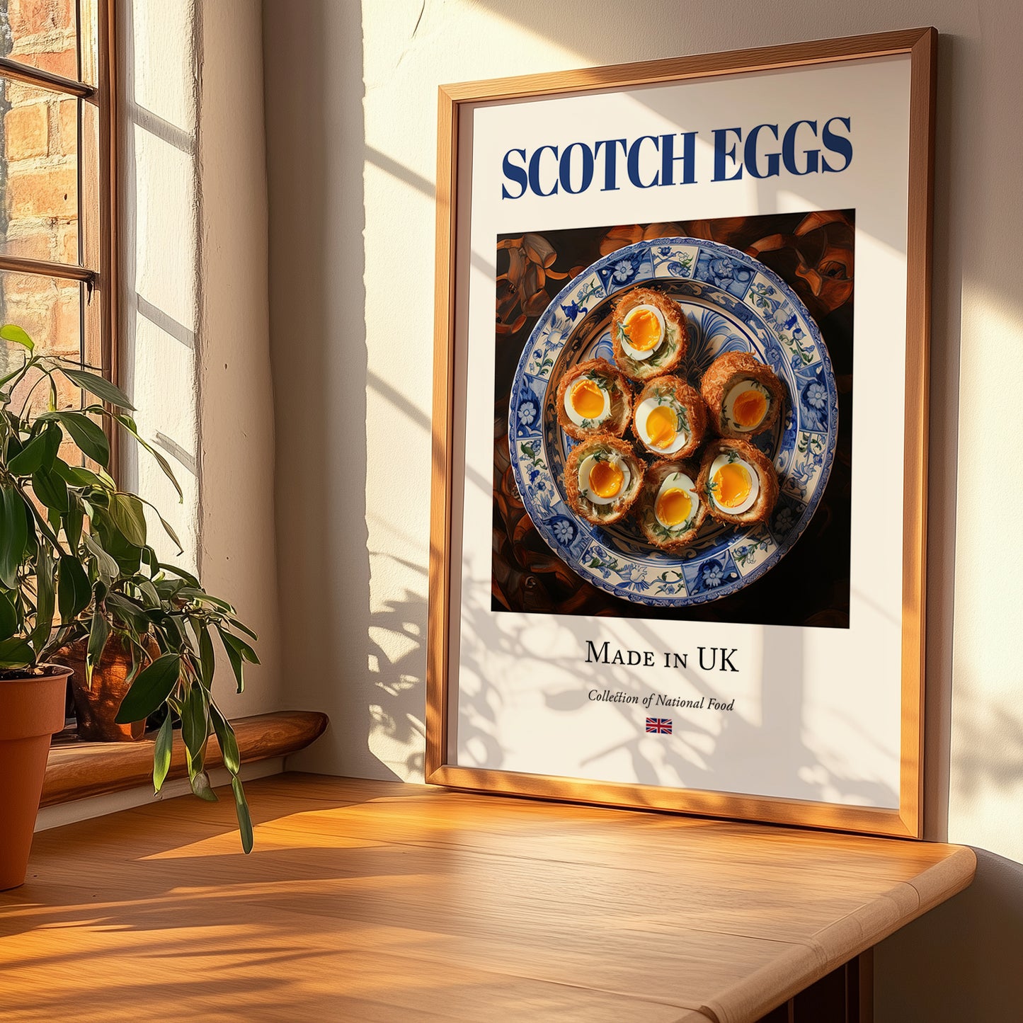 Scotch Eggs – English Snack Dish, Bistro Illustration, no-text version framed in wood