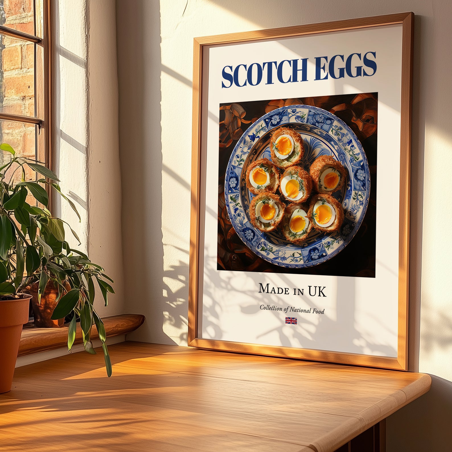 Scotch Eggs – English Snack Dish, Bistro Illustration, no-text version framed in wood