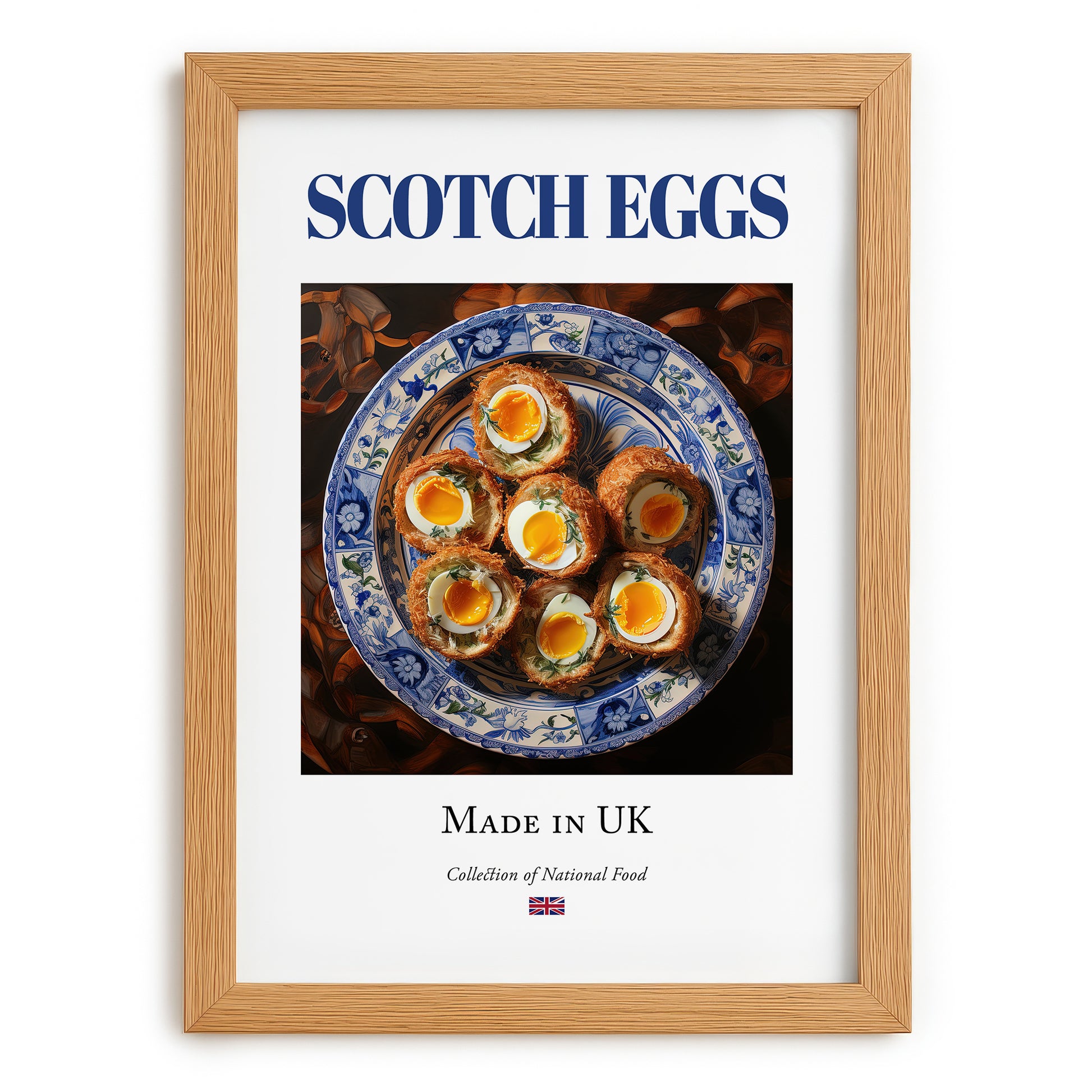 Scotch Eggs – English Snack Dish, Bistro Illustration, set in oak frame
