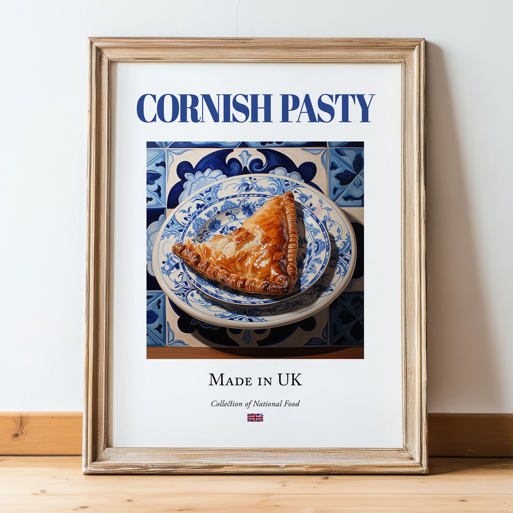 Cornish Pasty – English Snack Dish, Food Bar Print, in wooden frame leaning on the floor