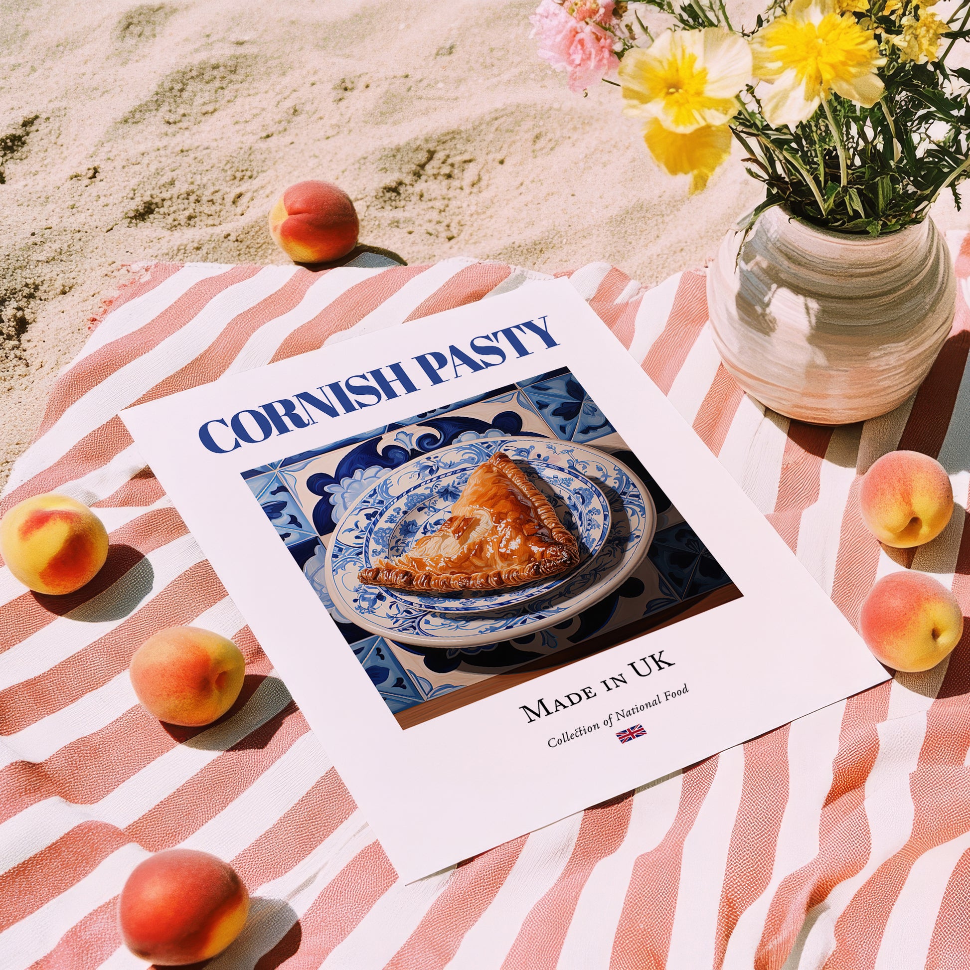 Cornish Pasty – English Snack Dish, Food Bar Print, unframed on coastal sand