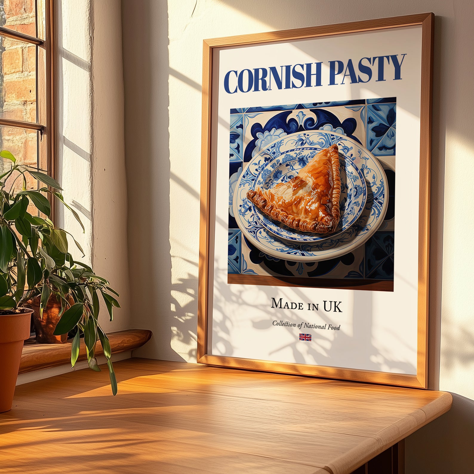 Cornish Pasty – English Snack Dish, Food Bar Print, no-text version framed in wood
