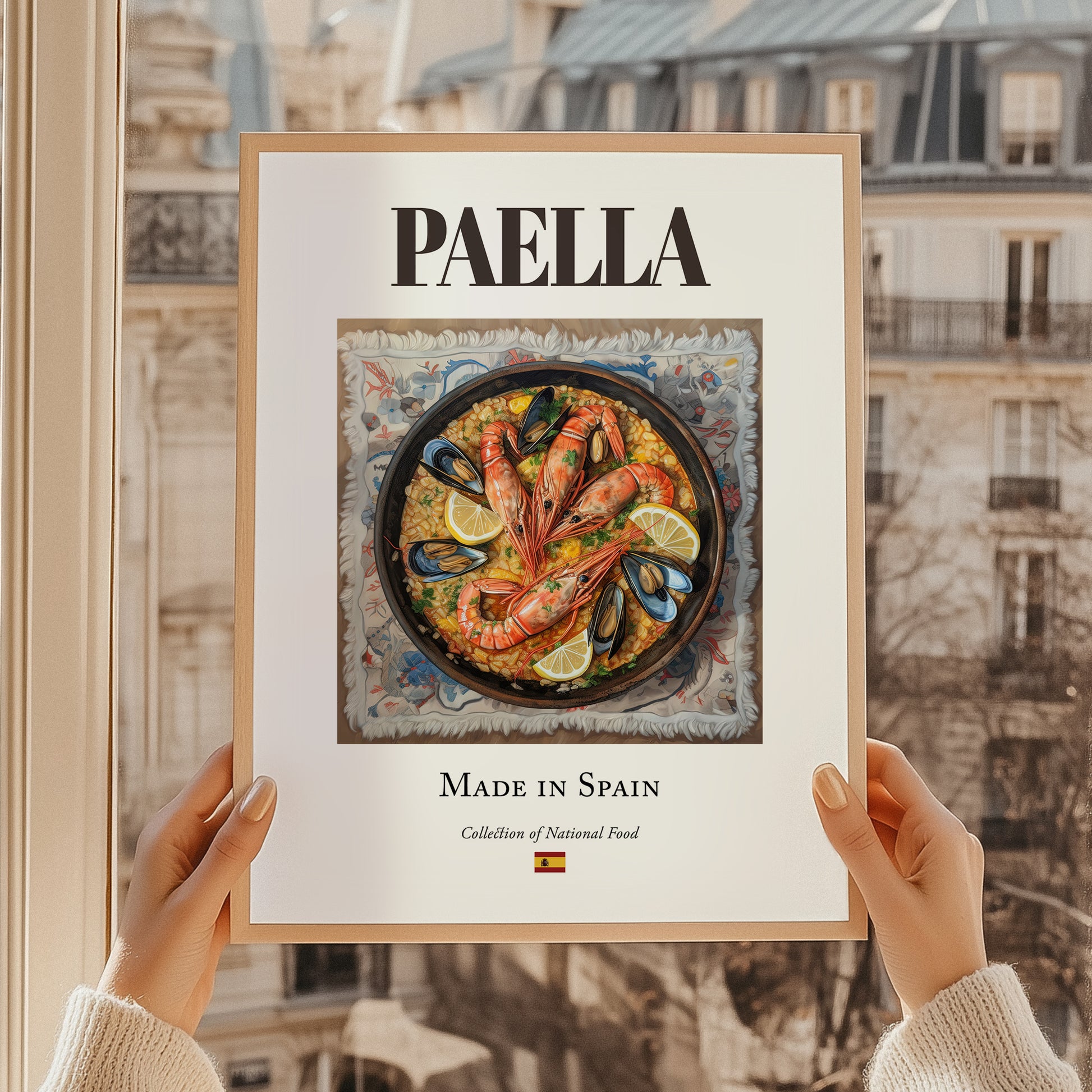 Paella – Spanish Dish, Restaurant Wall Art, styled in a charming Paris street view
