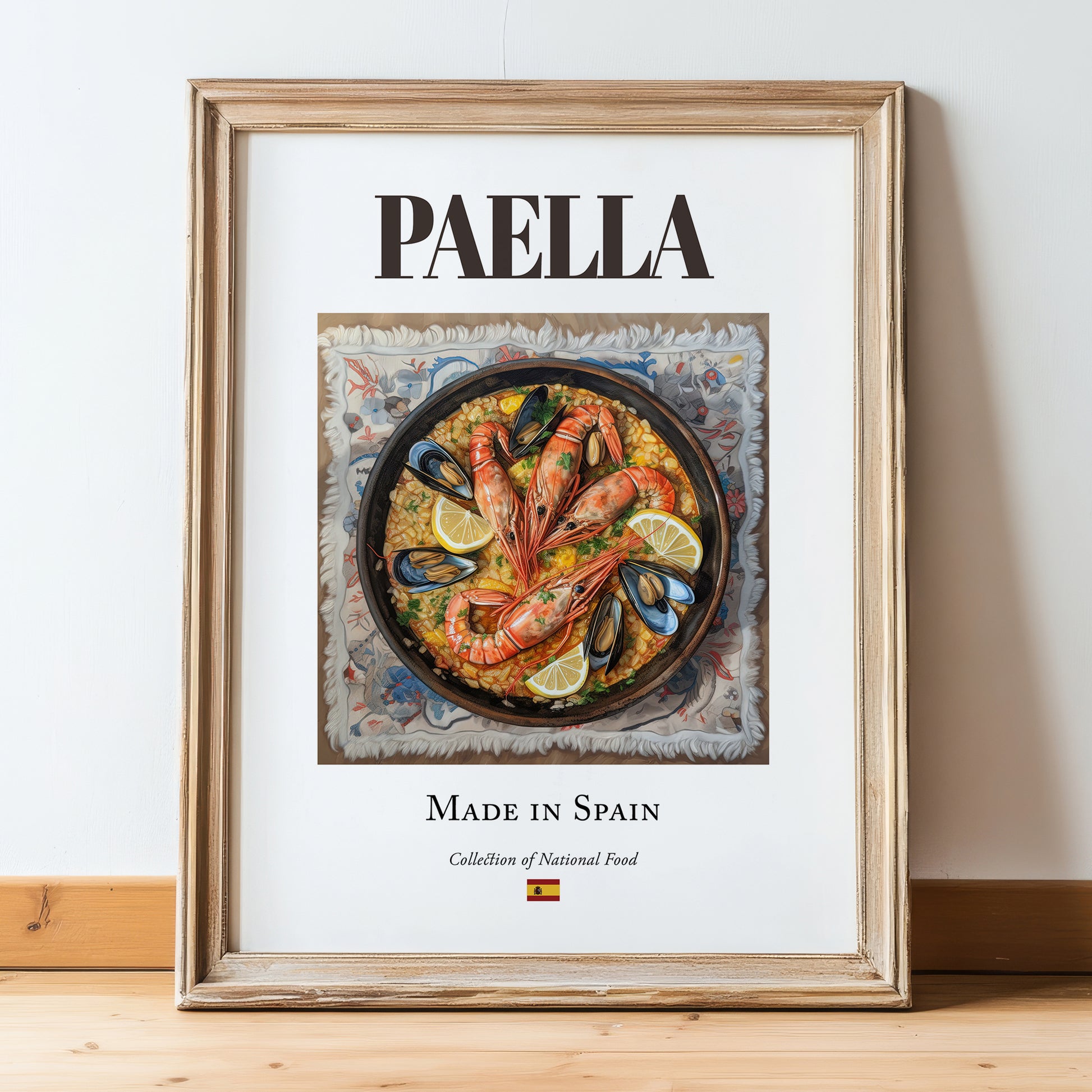 Paella – Spanish Dish, Restaurant Wall Art, in wooden frame leaning on the floor