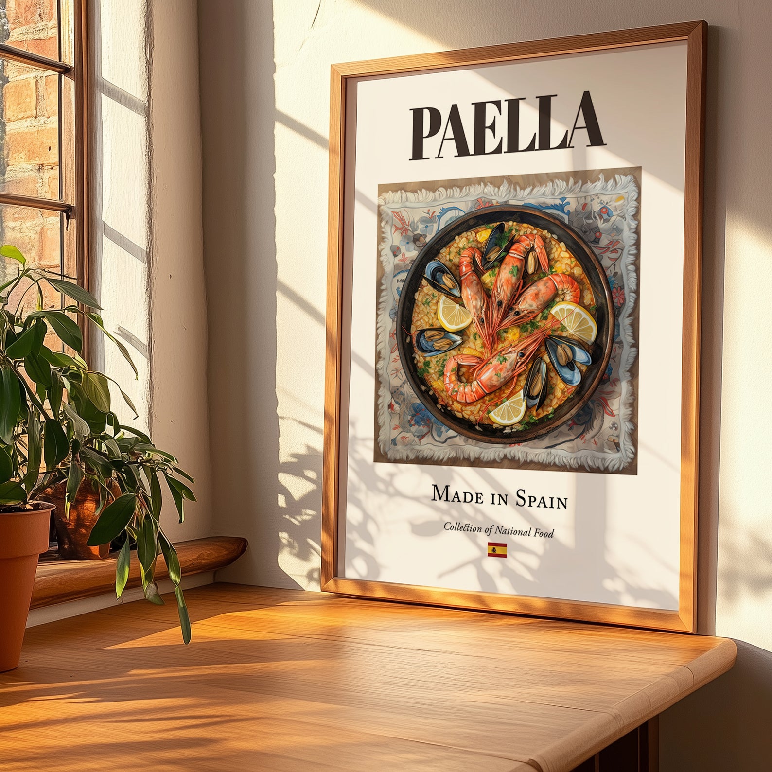 Paella – Spanish Dish, Restaurant Wall Art, no-text version framed in wood