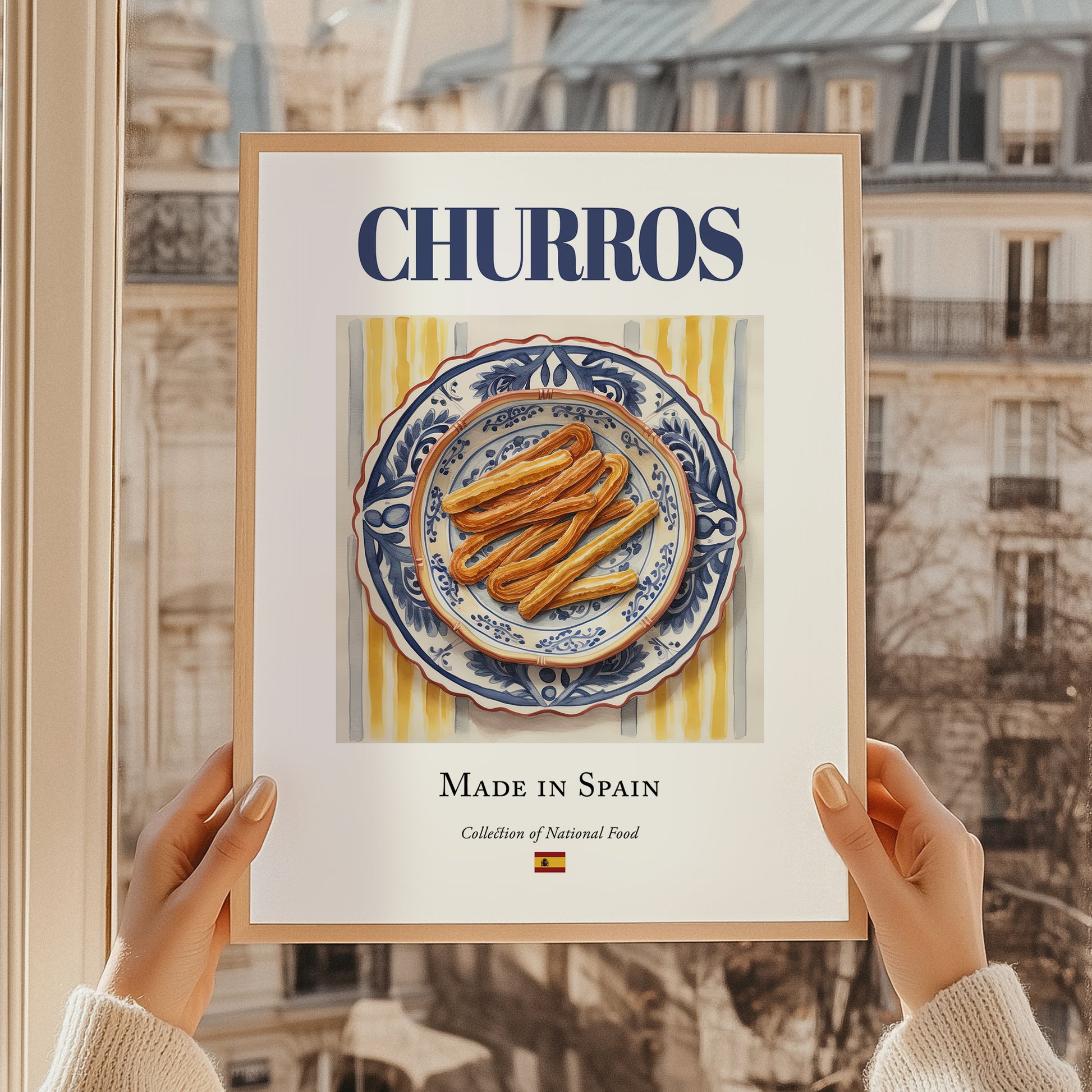 Churros – Spanish Dessert Dish, Farmhouse Kitchen Poster, styled in a charming Paris street view