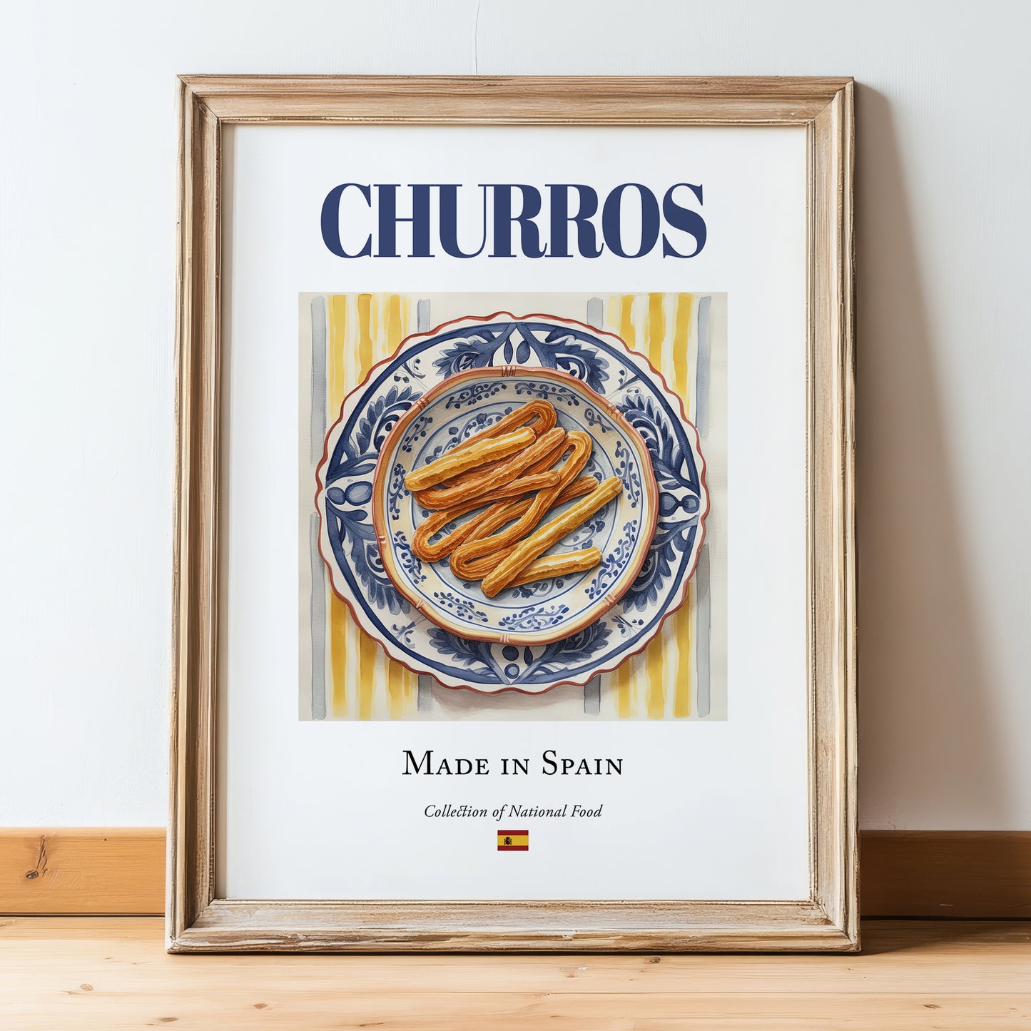 Churros – Spanish Dessert Dish, Farmhouse Kitchen Poster, in wooden frame leaning on the floor
