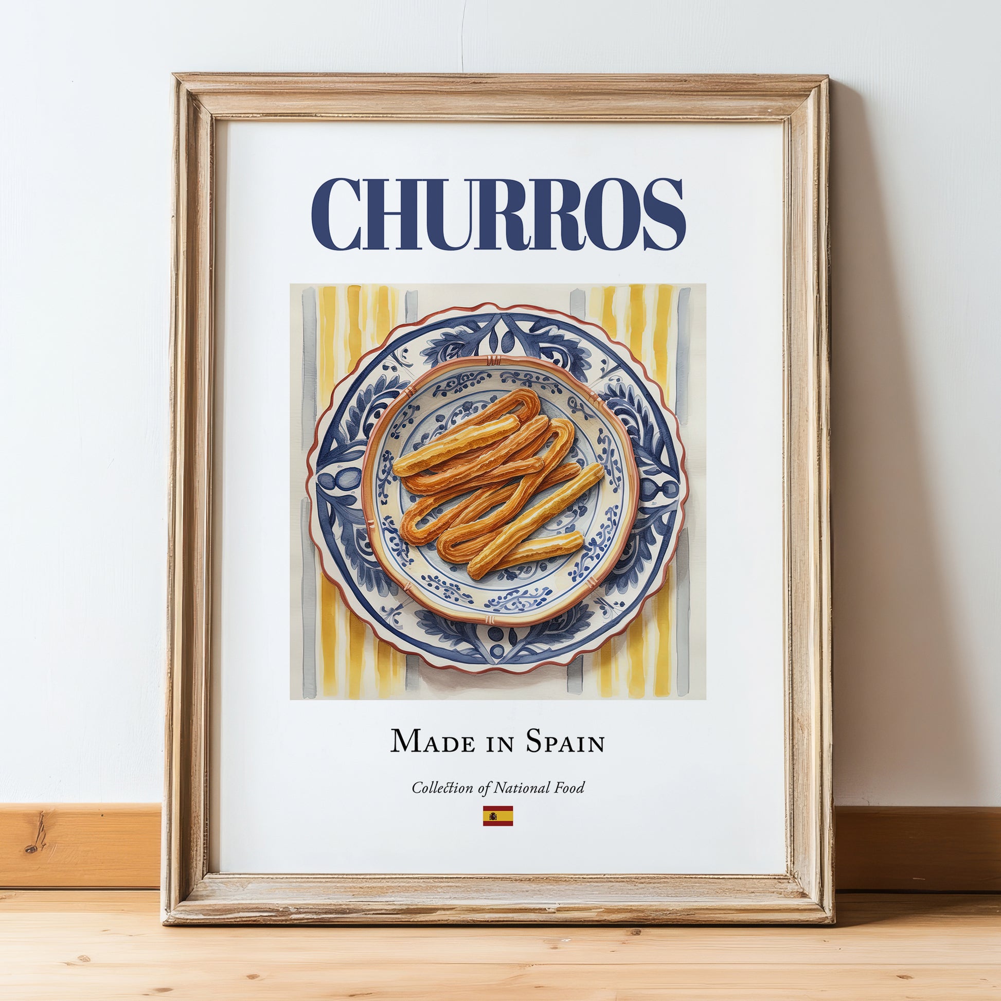 Churros – Spanish Dessert Dish, Farmhouse Kitchen Poster, in wooden frame leaning on the floor