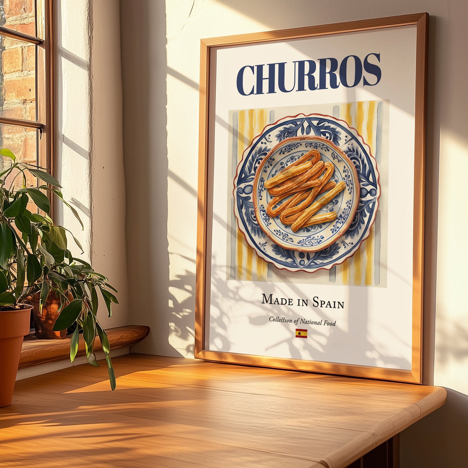 Churros – Spanish Dessert Dish, Farmhouse Kitchen Poster, no-text version framed in wood