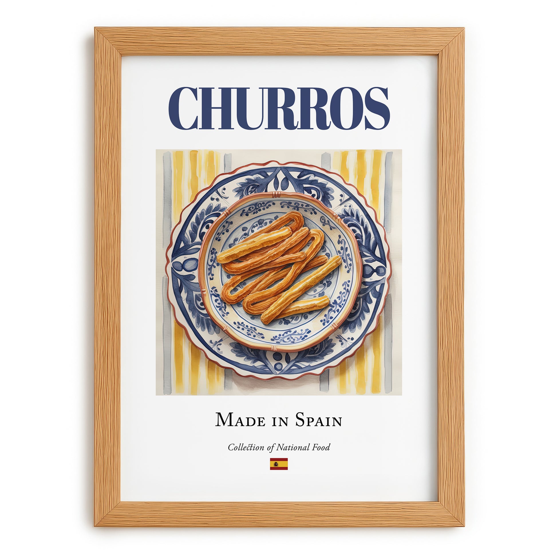 Churros – Spanish Dessert Dish, Farmhouse Kitchen Poster, set in oak frame