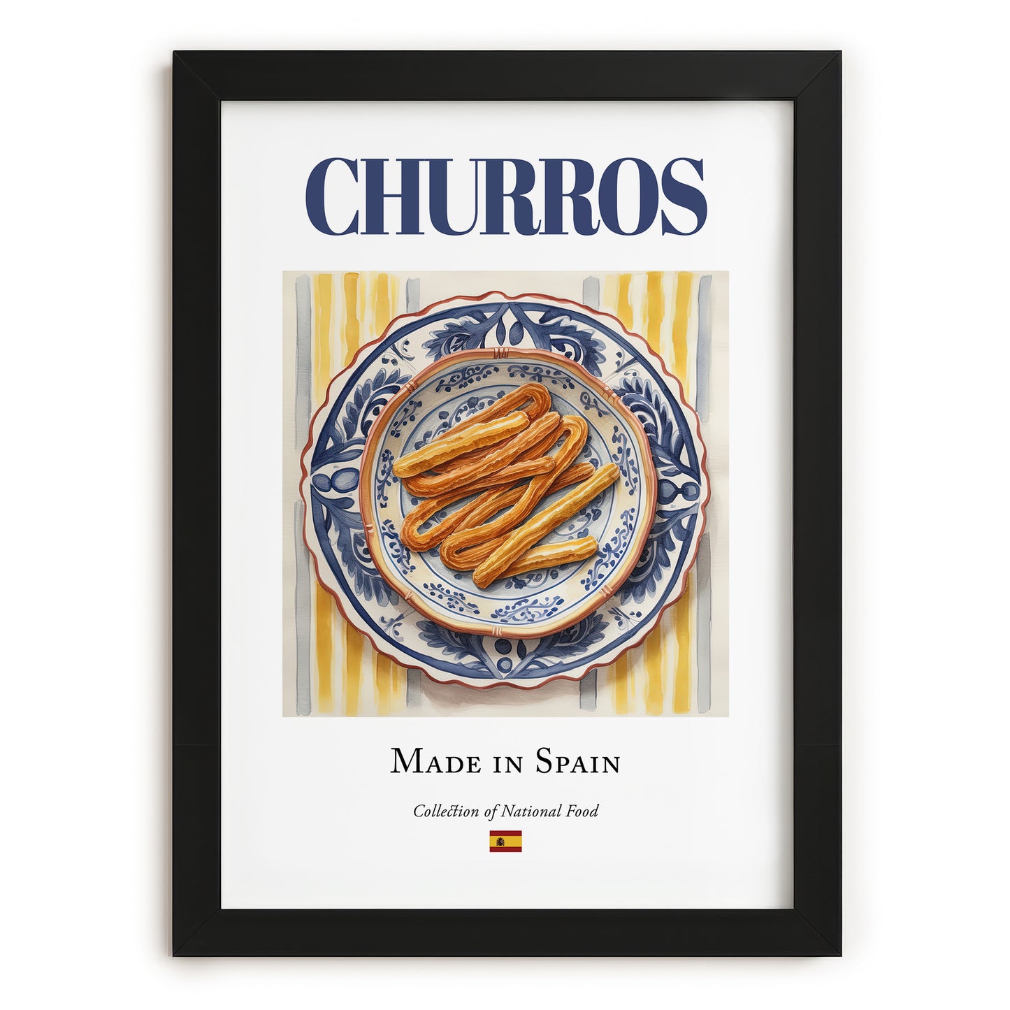 Churros – Spanish Dessert Dish, Farmhouse Kitchen Poster, in sleek black frame