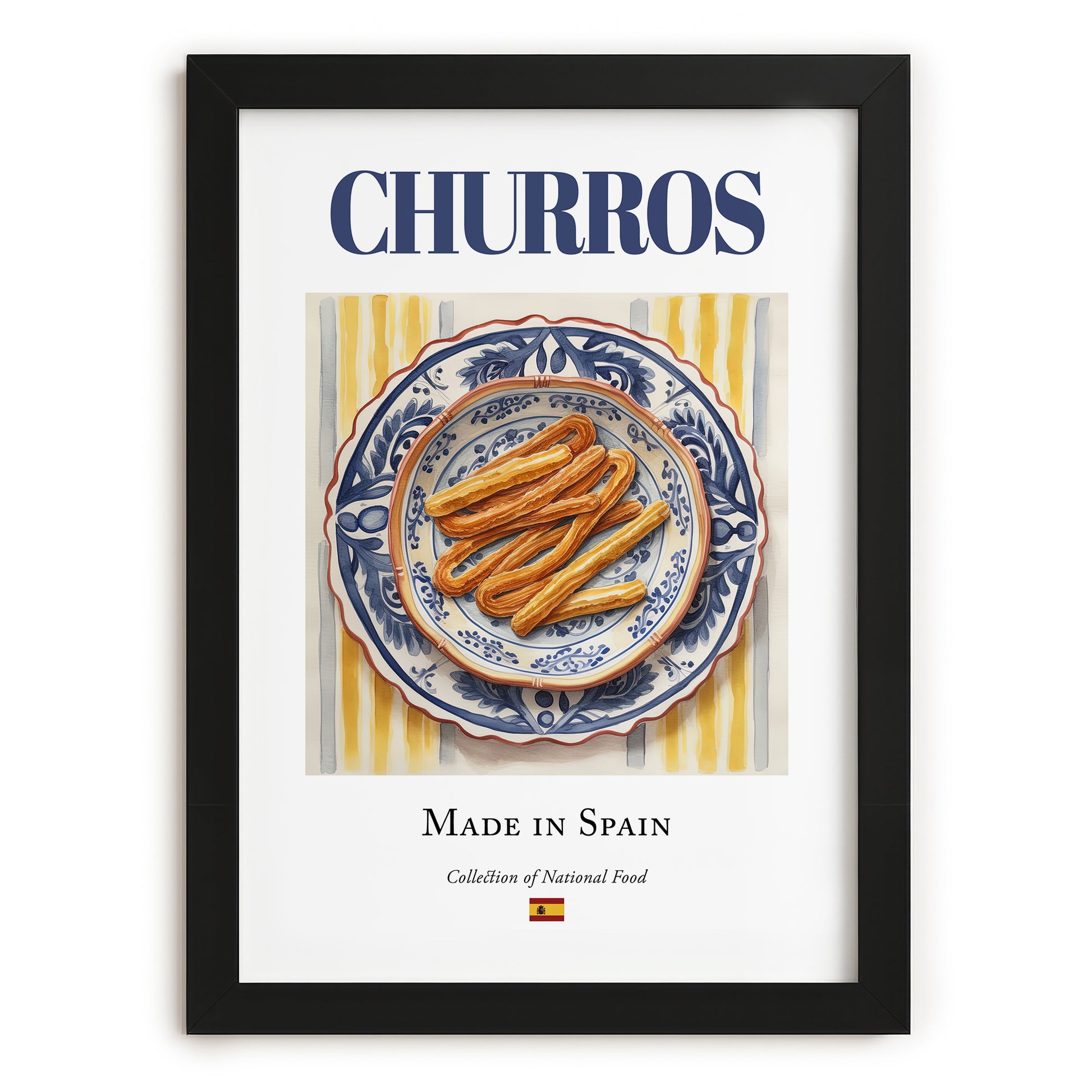 Churros – Spanish Dessert Dish, Farmhouse Kitchen Poster, in sleek black frame