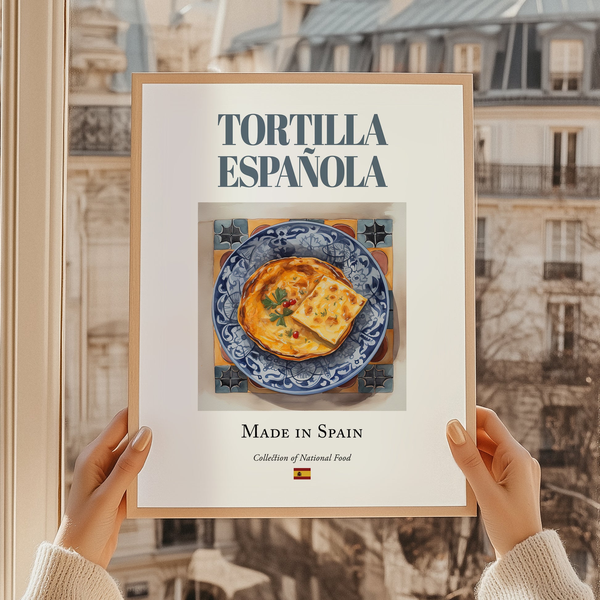 Tortilla Española (Spanish Omelette) – Spanish Dish, Bistro Illustration, styled in a charming Paris street view