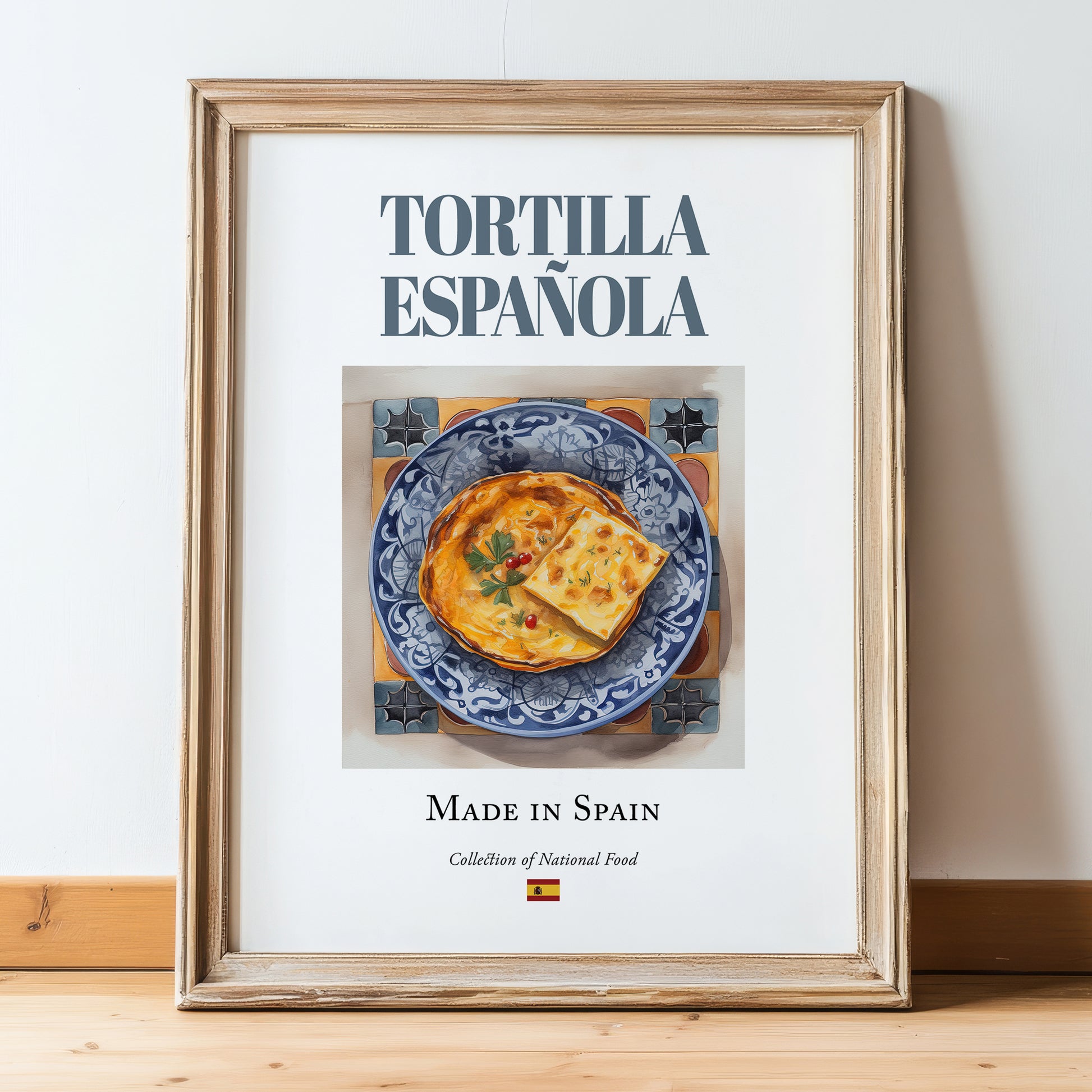 Tortilla Española (Spanish Omelette) – Spanish Dish, Bistro Illustration, in wooden frame leaning on the floor