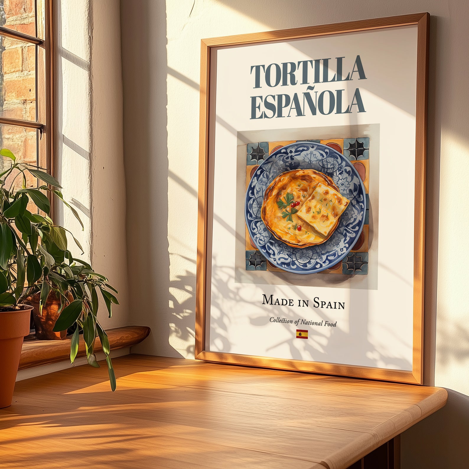 Tortilla Española (Spanish Omelette) – Spanish Dish, Bistro Illustration, no-text version framed in wood