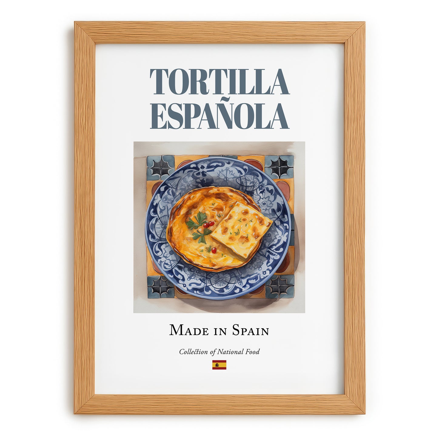 Tortilla Española (Spanish Omelette) – Spanish Dish, Bistro Illustration, set in oak frame