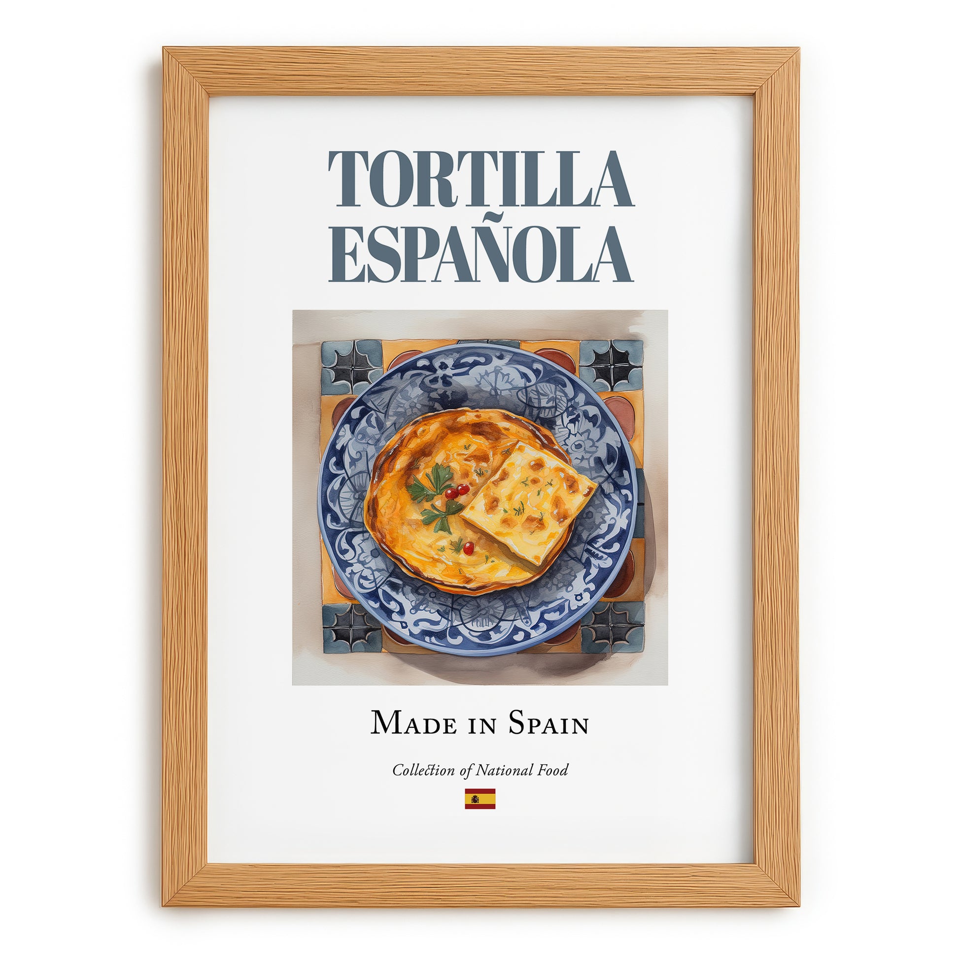 Tortilla Española (Spanish Omelette) – Spanish Dish, Bistro Illustration, set in oak frame