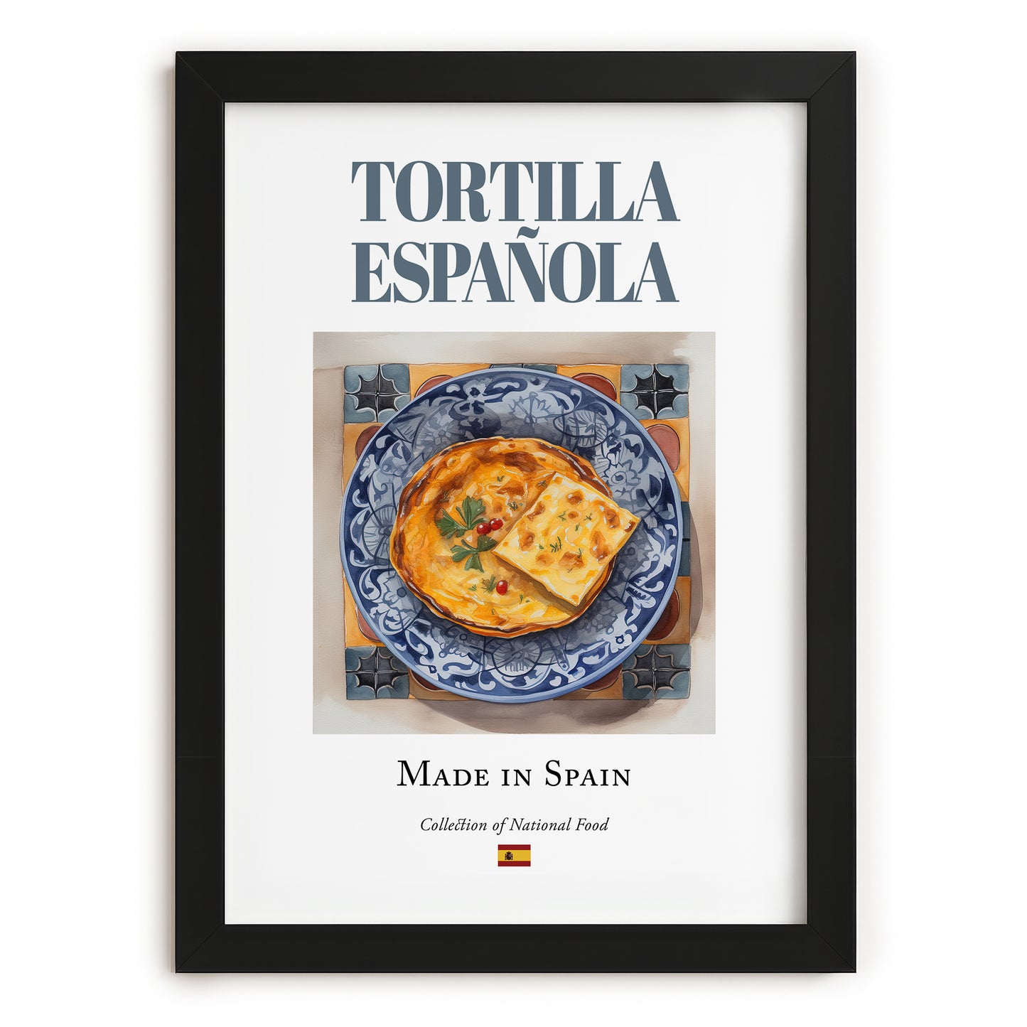 Tortilla Española (Spanish Omelette) – Spanish Dish, Bistro Illustration, in sleek black frame
