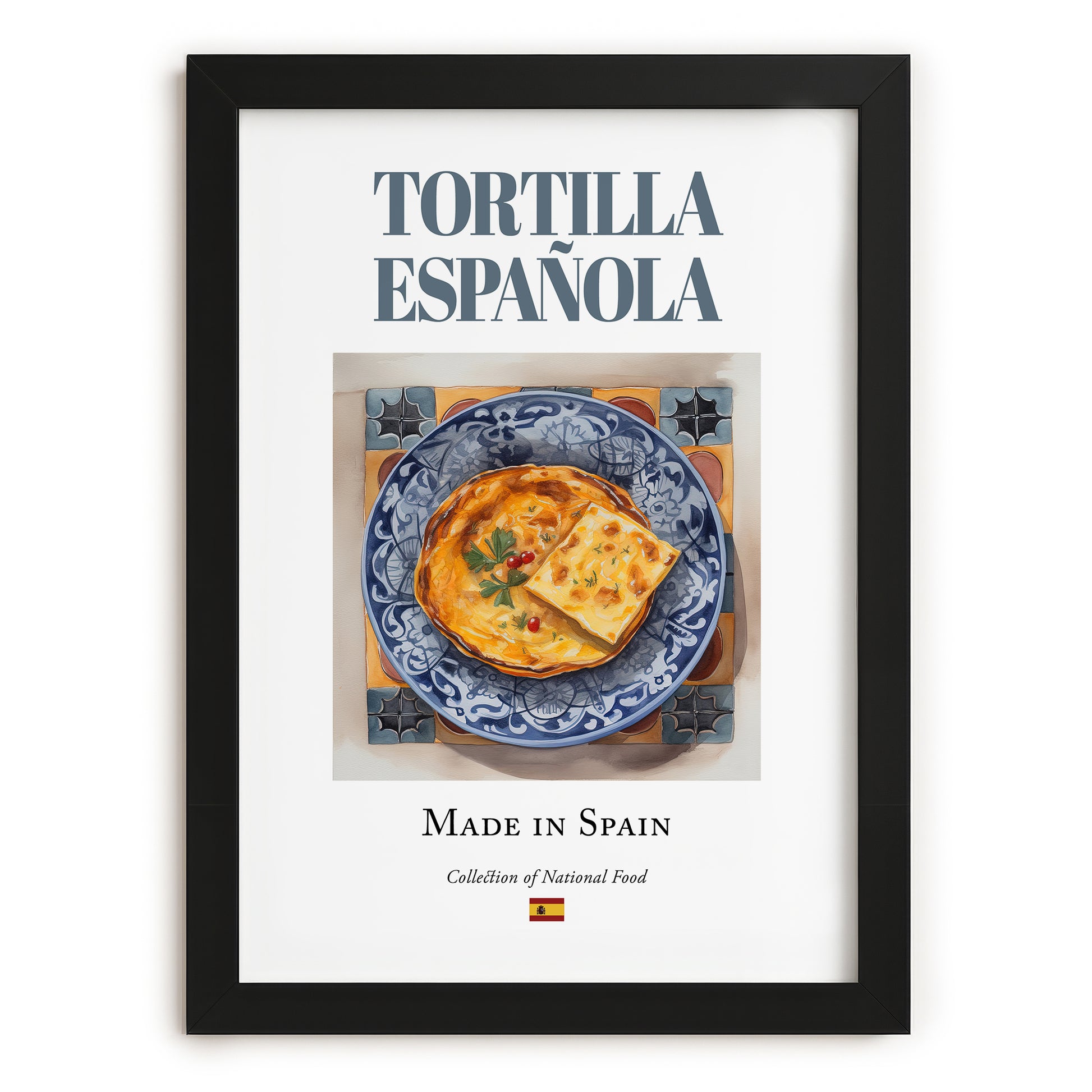 Tortilla Española (Spanish Omelette) – Spanish Dish, Bistro Illustration, in sleek black frame