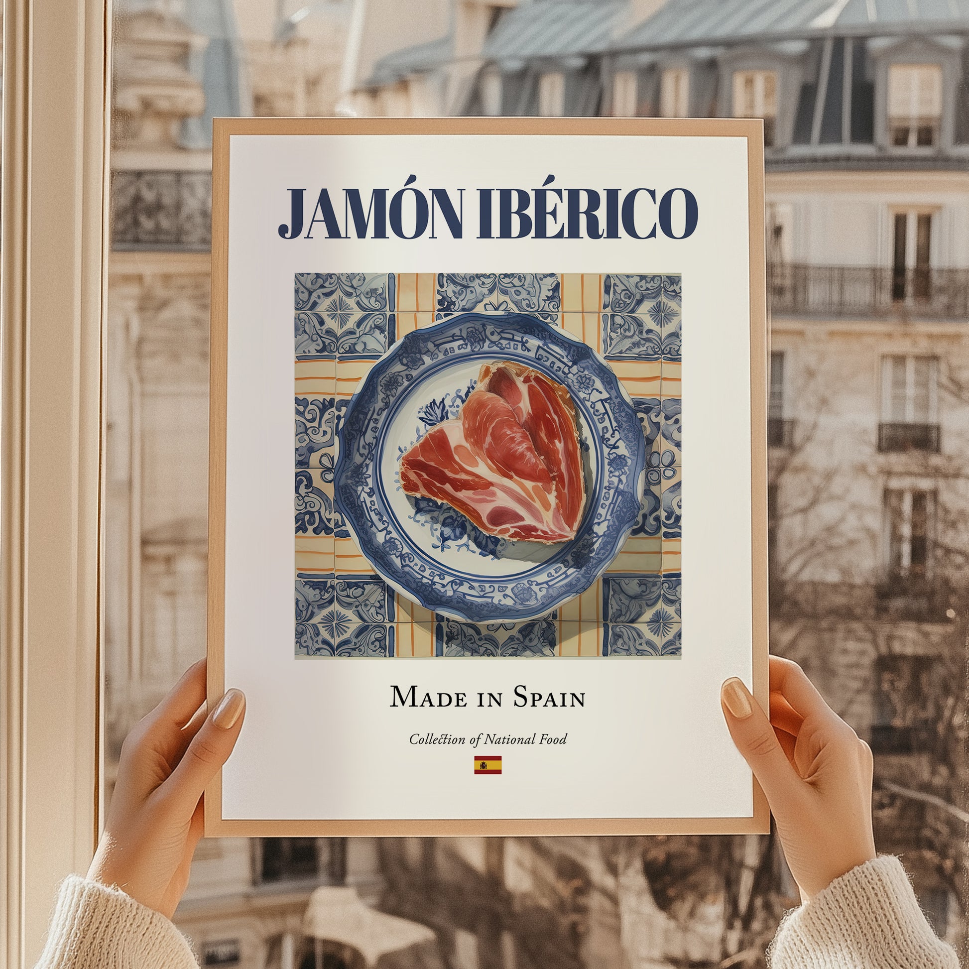 Jamón Ibérico – Spanish Meat Dish, Restaurant Poster, styled in a charming Paris street view
