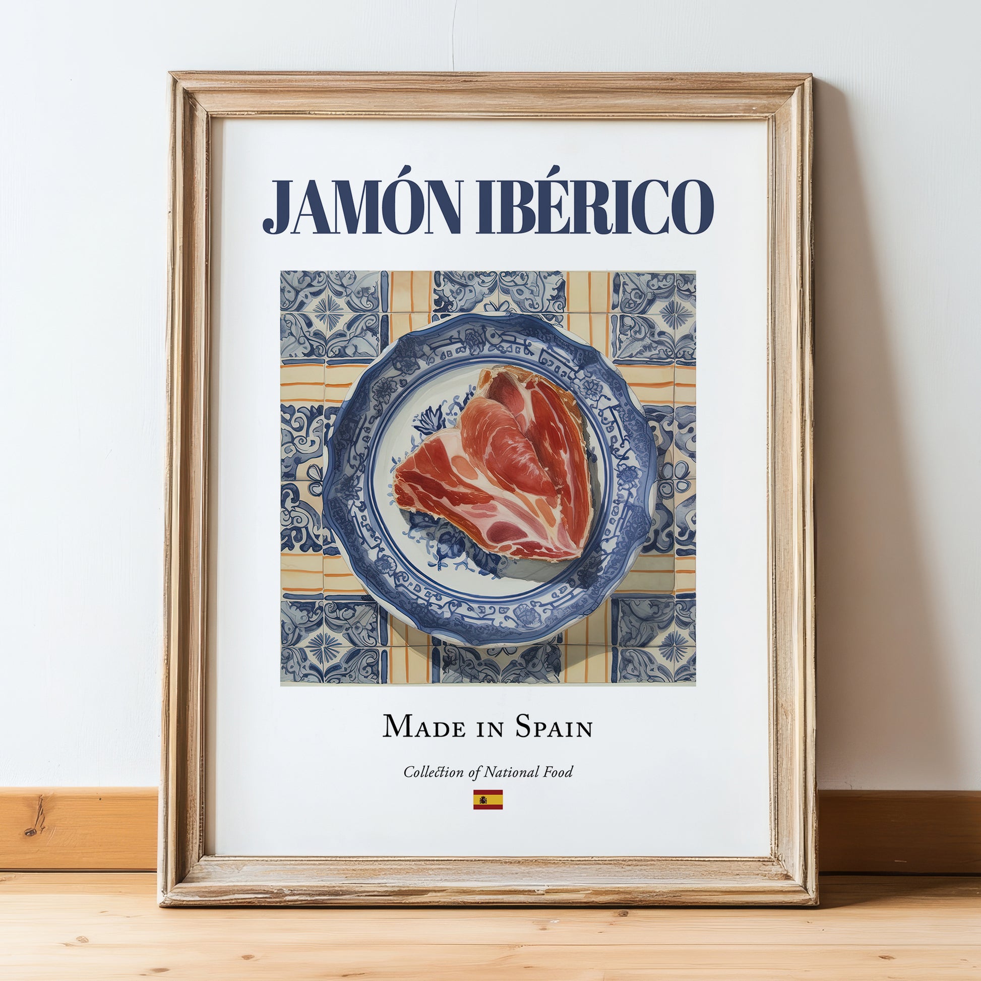 Jamón Ibérico – Spanish Meat Dish, Restaurant Poster, in wooden frame leaning on the floor