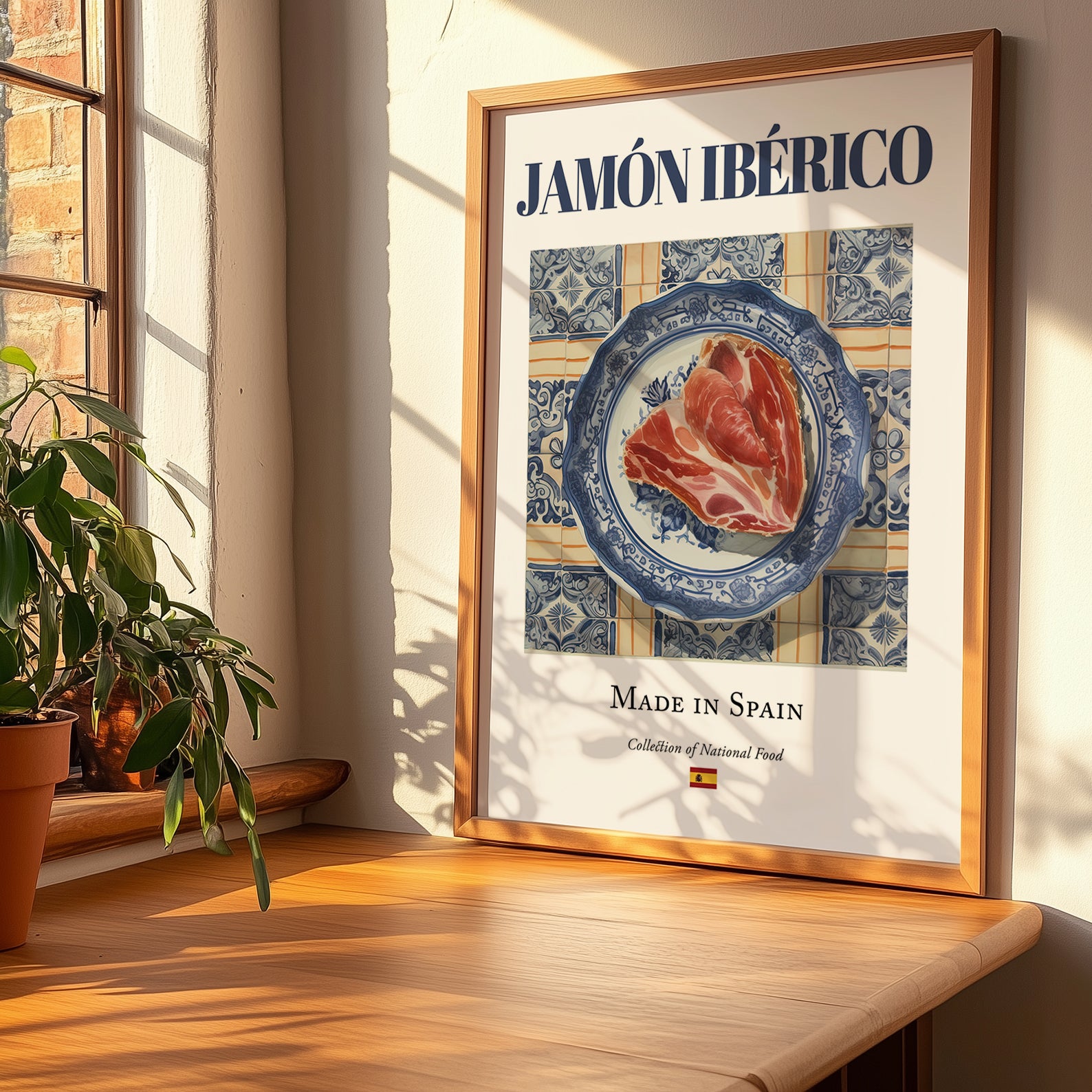 Jamón Ibérico – Spanish Meat Dish, Restaurant Poster, no-text version framed in wood