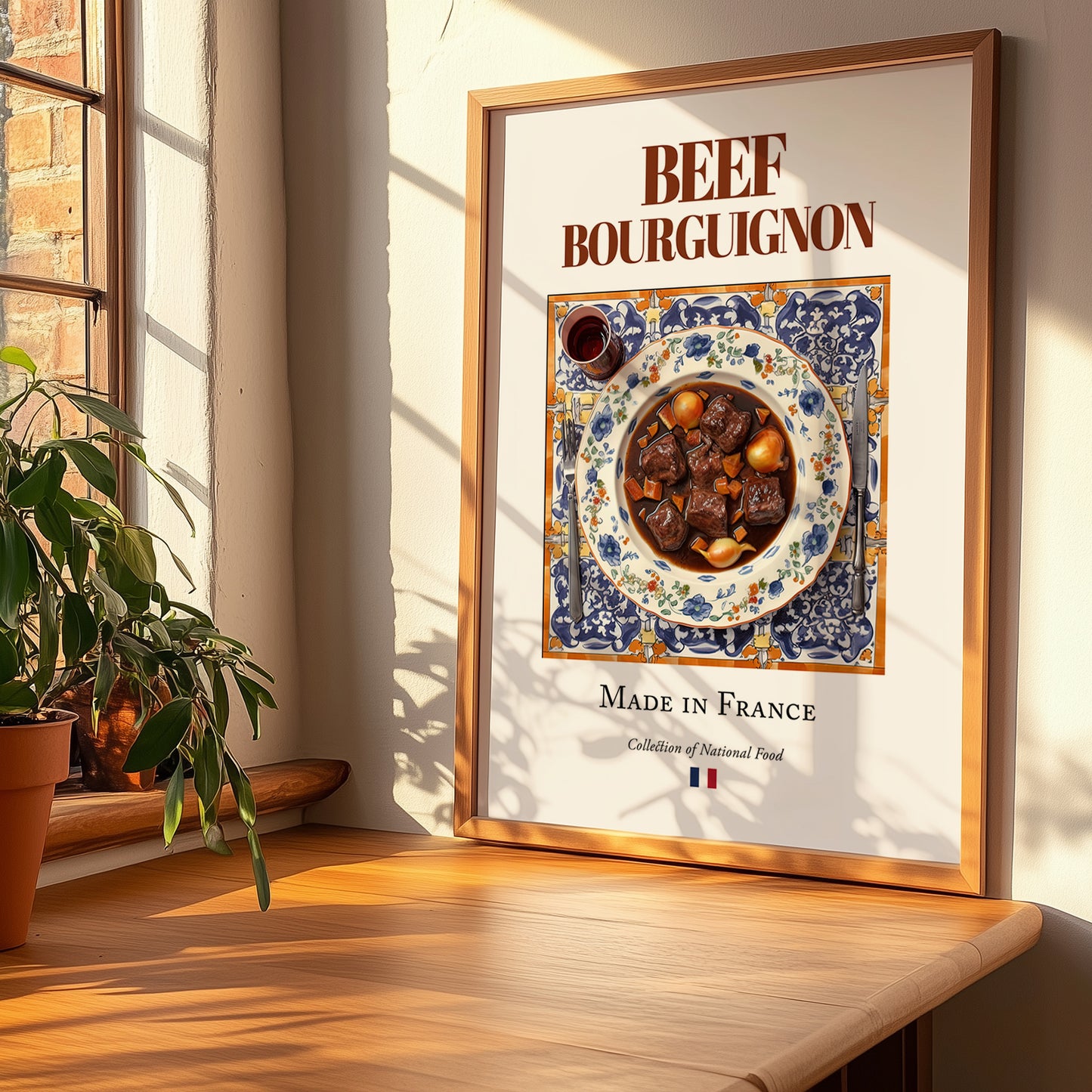 Beef Bourguignon – French Stew Dish, Fine Dining Restaurant Poster, no-text version framed in wood