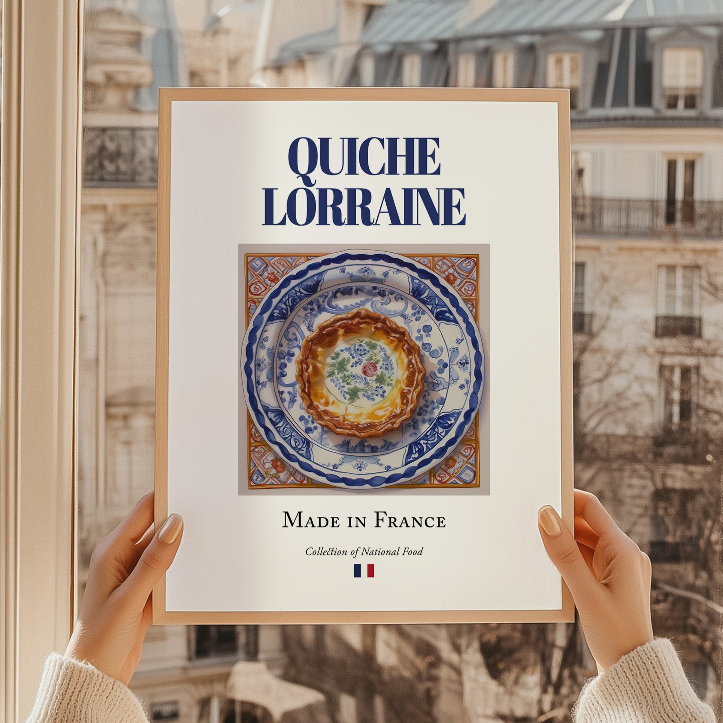 Quiche Lorraine – French Dish, Farmhouse Kitchen Wall Art, styled in a charming Paris street view