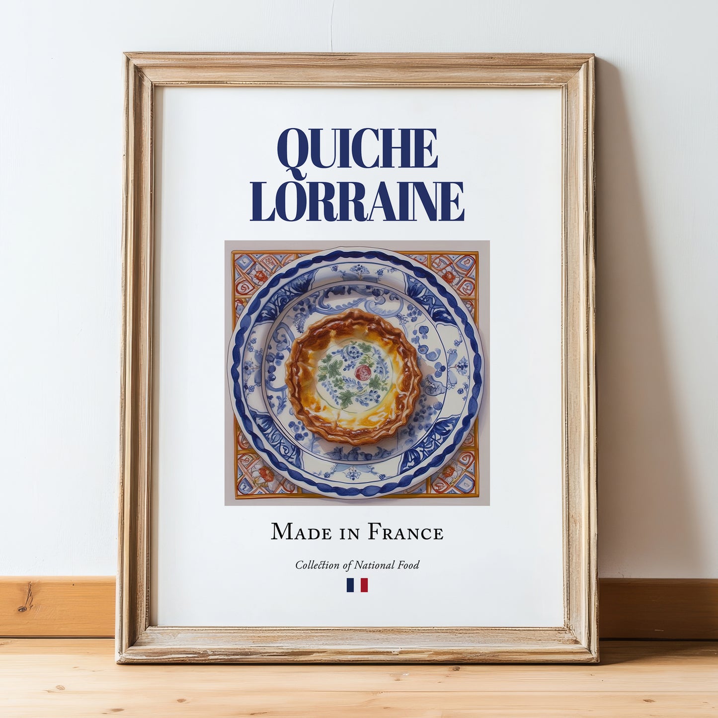 Quiche Lorraine – French Dish, Farmhouse Kitchen Wall Art, in wooden frame leaning on the floor