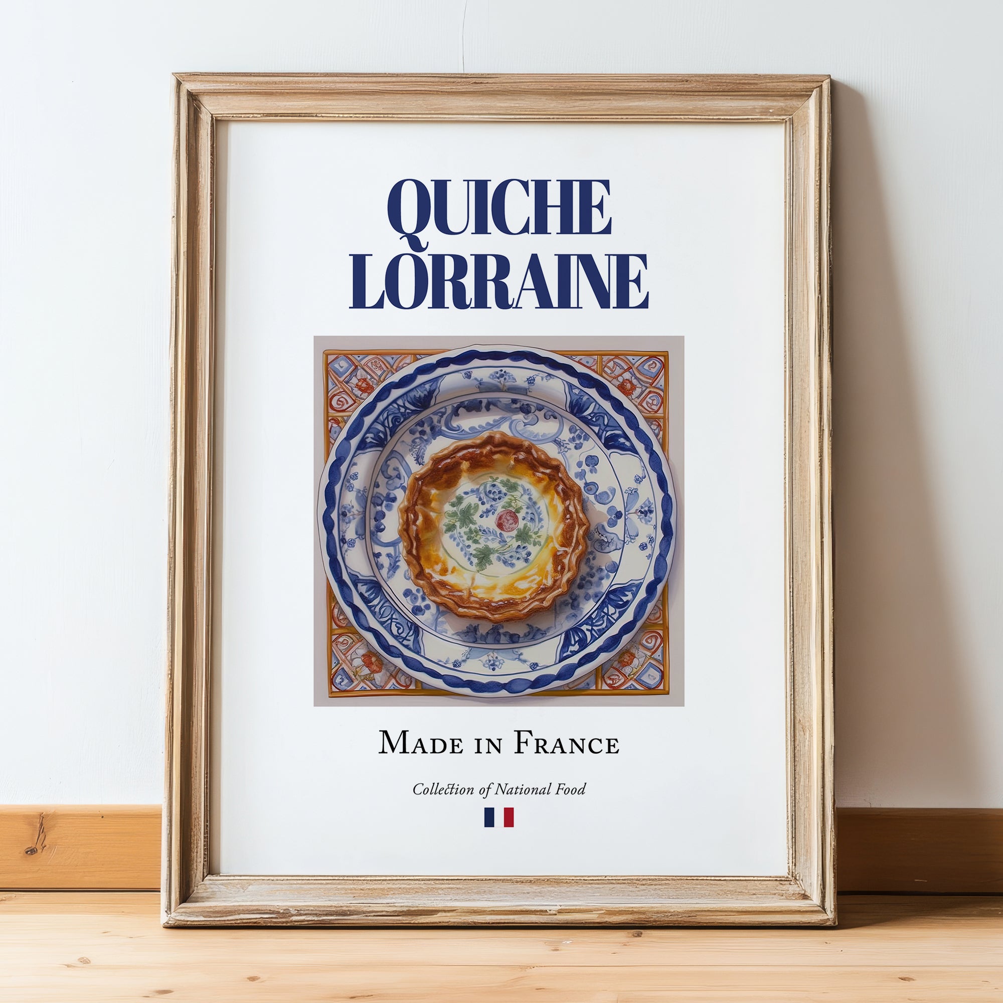Quiche Lorraine – French Dish, Farmhouse Kitchen Wall Art, in wooden frame leaning on the floor