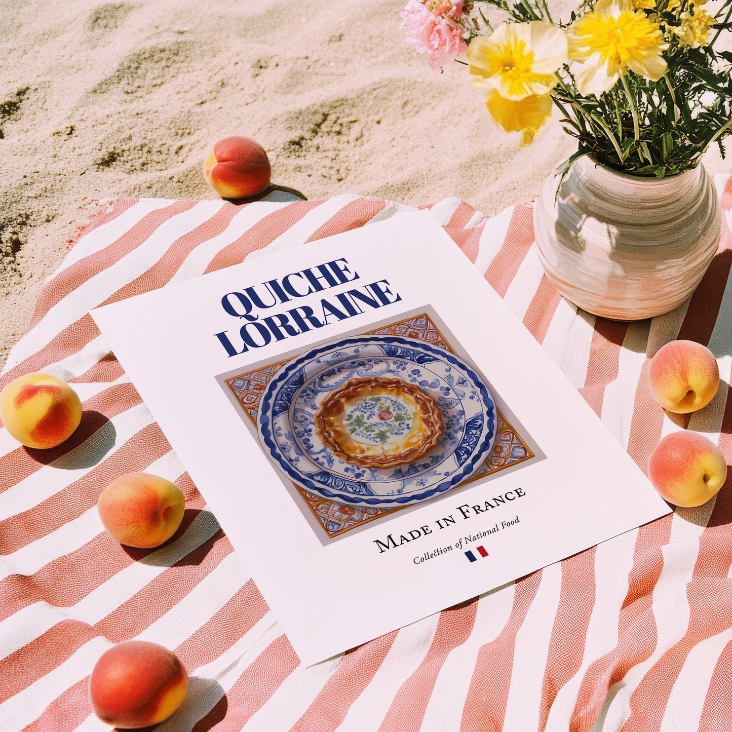 Quiche Lorraine – French Dish, Farmhouse Kitchen Wall Art, unframed on coastal sand