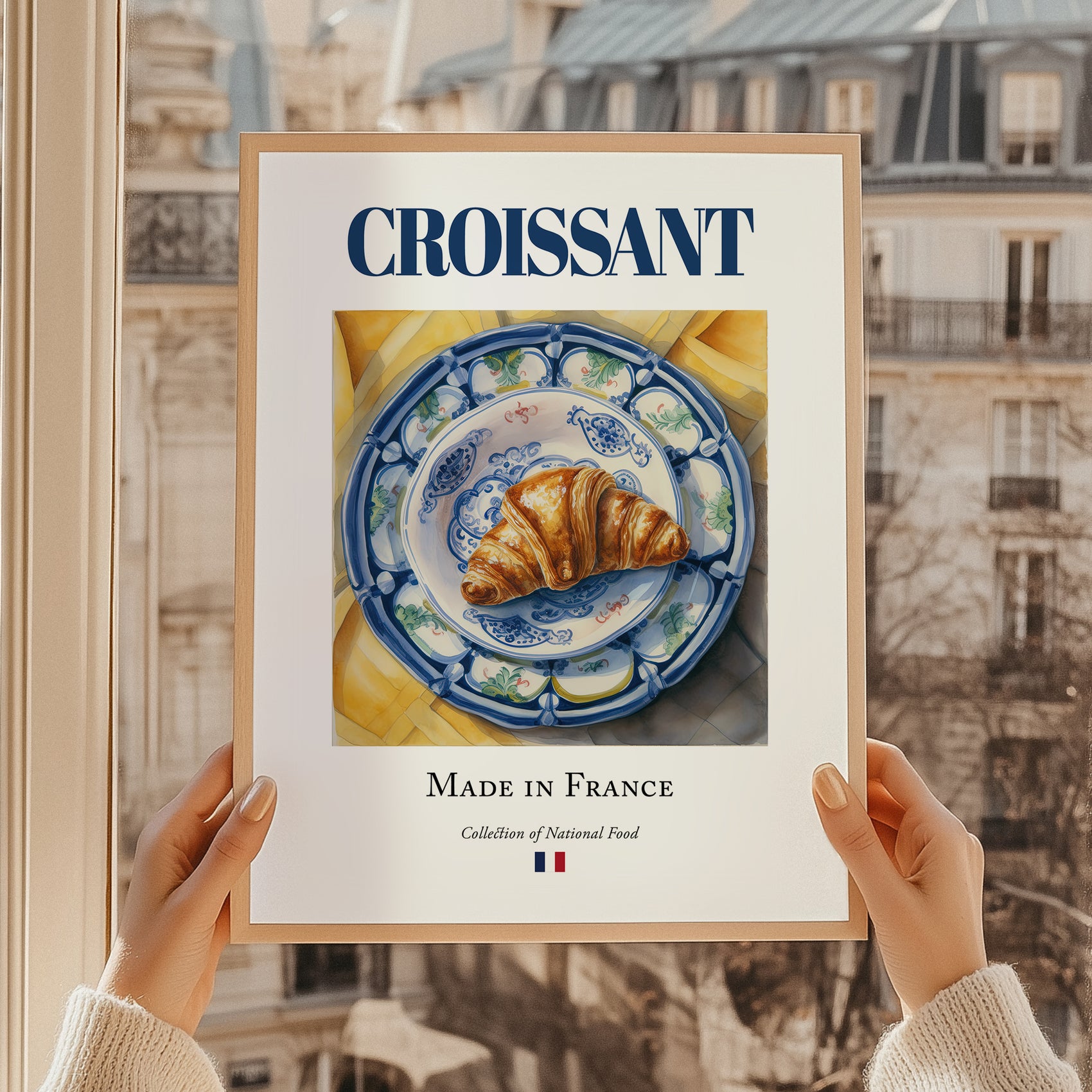 Croissant – French Bread Dish, Farmhouse Kitchen Wall Art, styled in a charming Paris street view