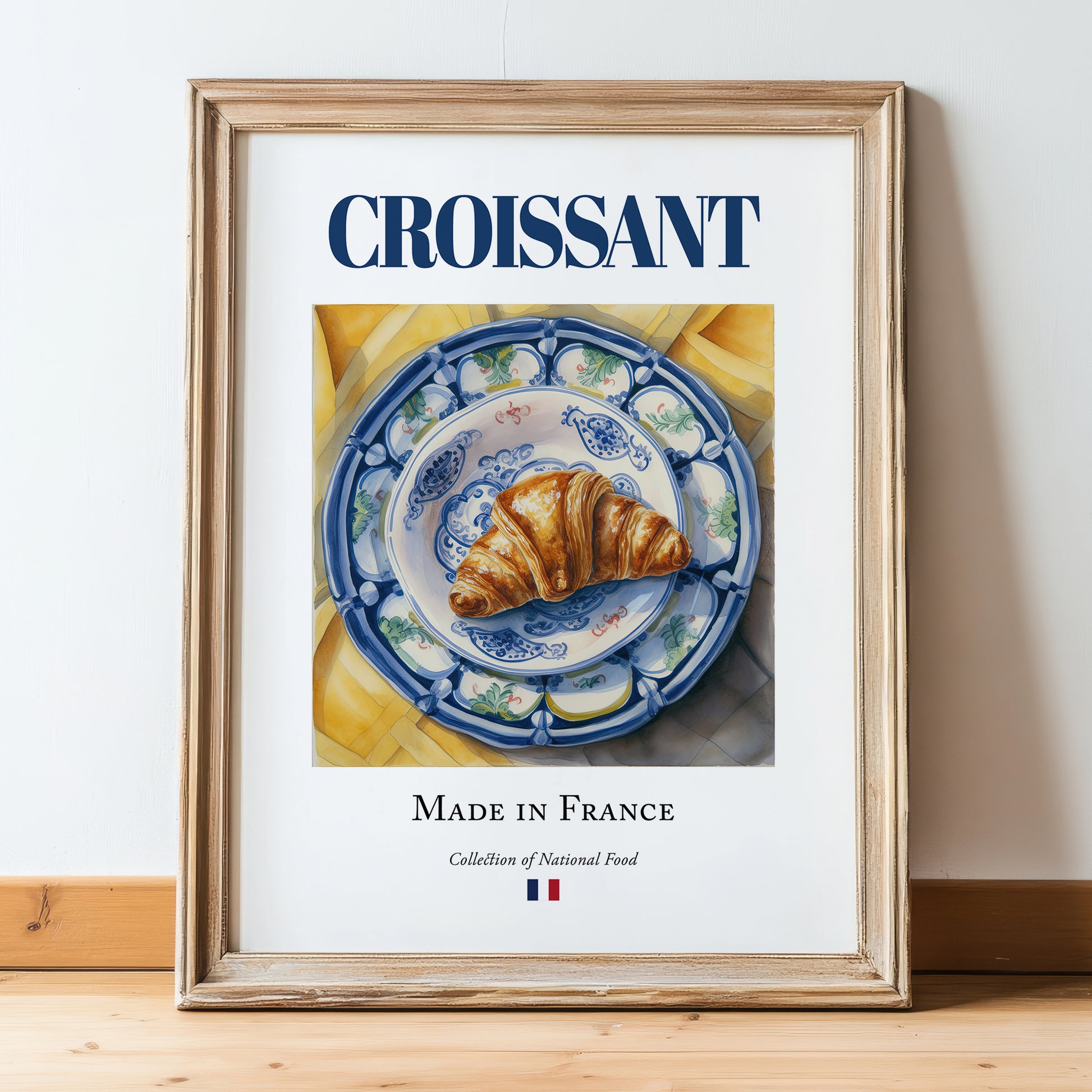 Croissant – French Bread Dish, Farmhouse Kitchen Wall Art, in wooden frame leaning on the floor
