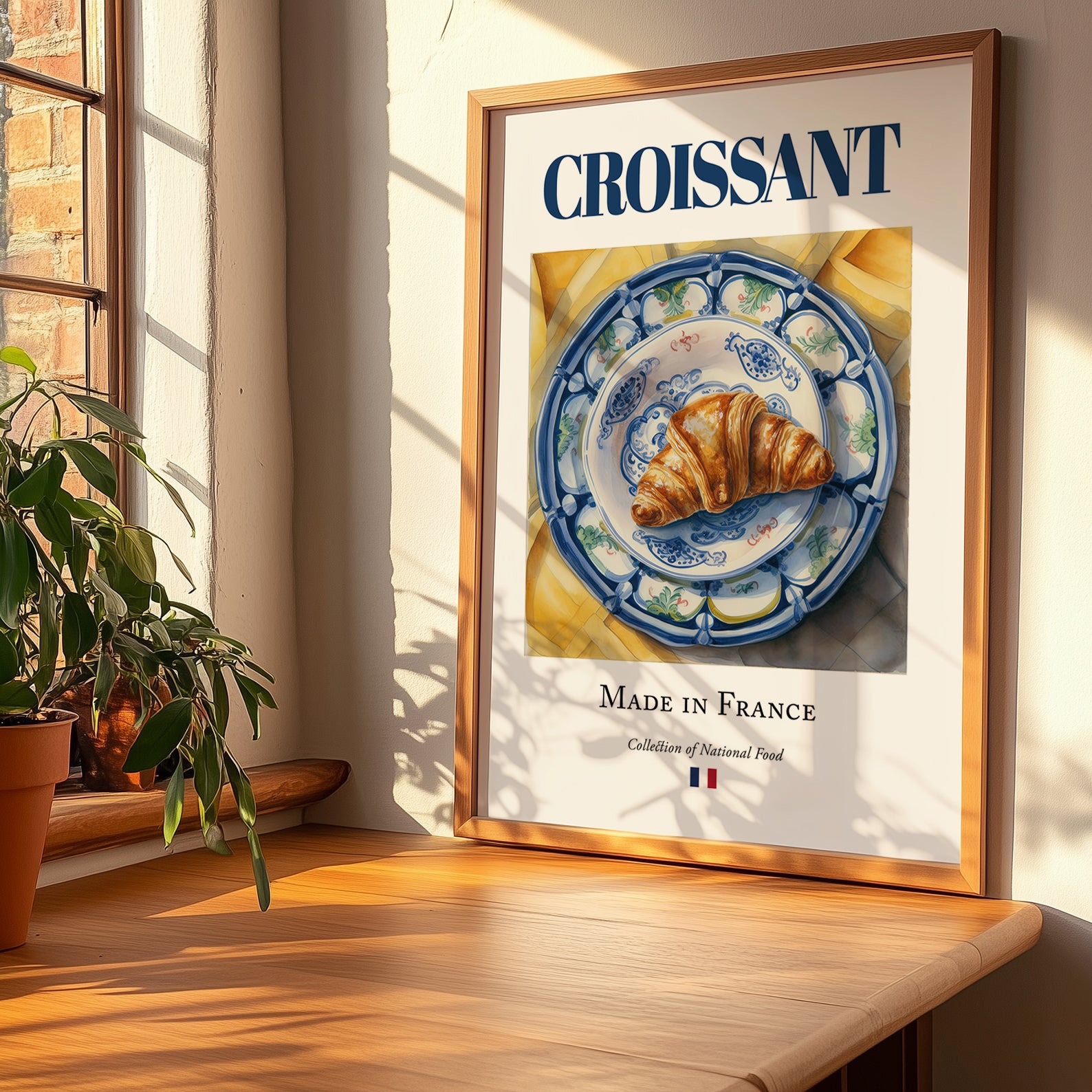 Croissant – French Bread Dish, Farmhouse Kitchen Wall Art, no-text version framed in wood