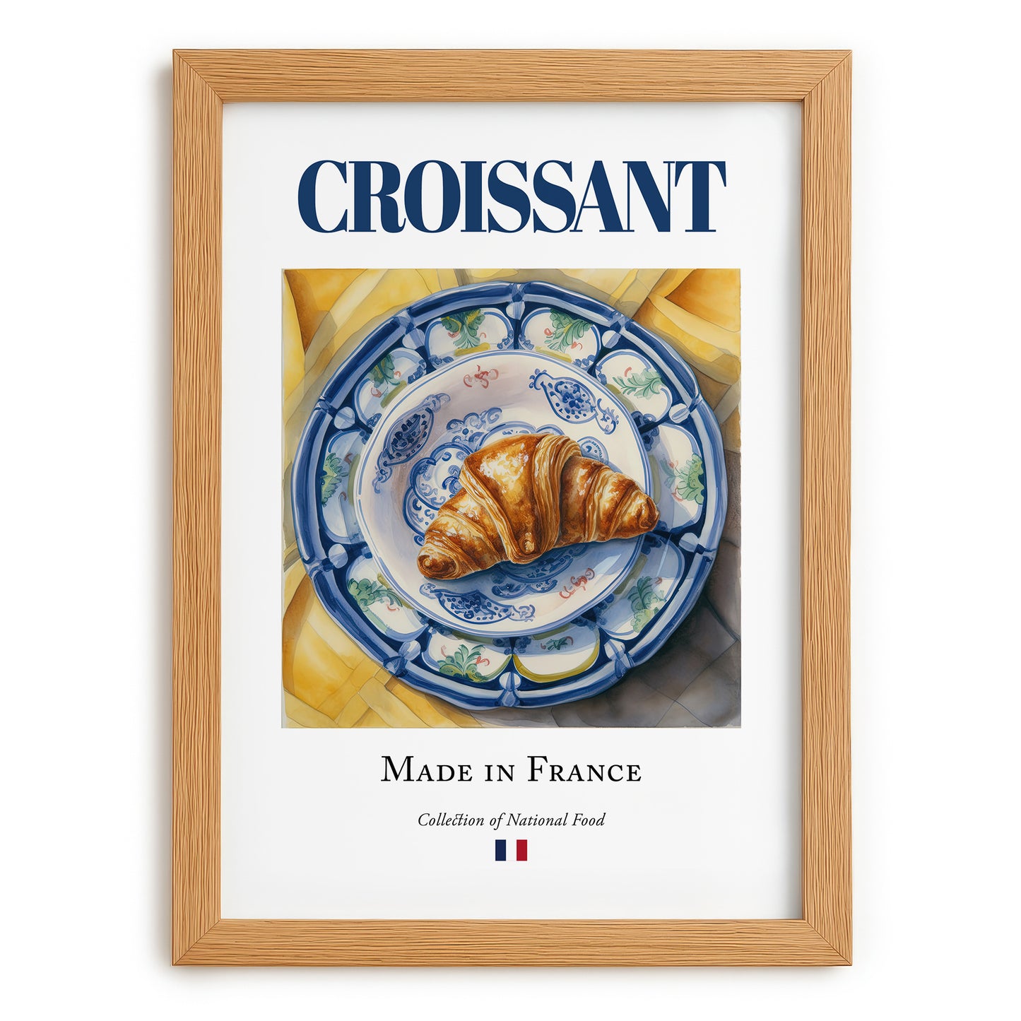 Croissant – French Bread Dish, Farmhouse Kitchen Wall Art, set in oak frame