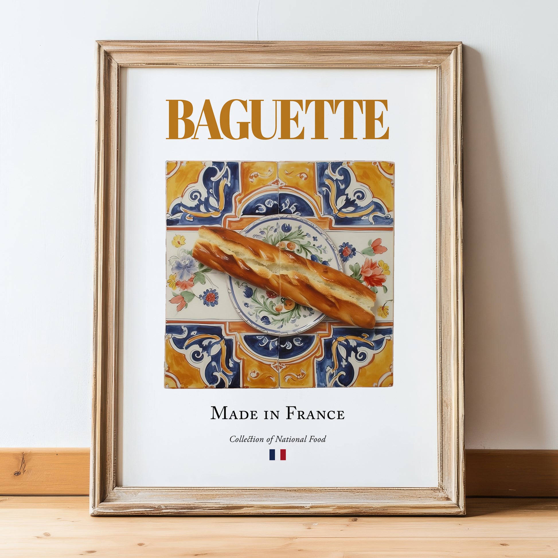 Baguette – French Bread Dish, Bistro Print, in wooden frame leaning on the floor