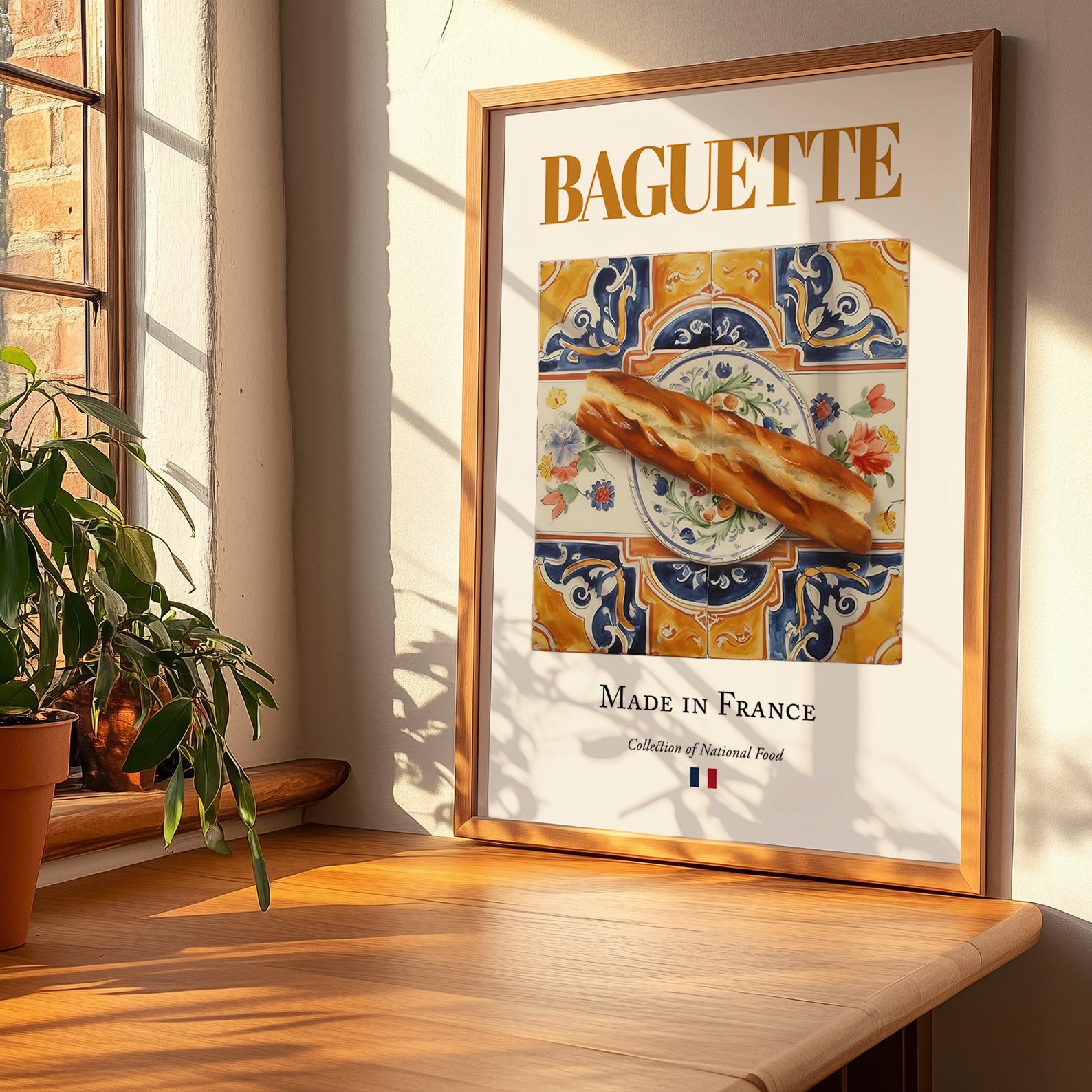 Baguette – French Bread Dish, Bistro Print, no-text version framed in wood