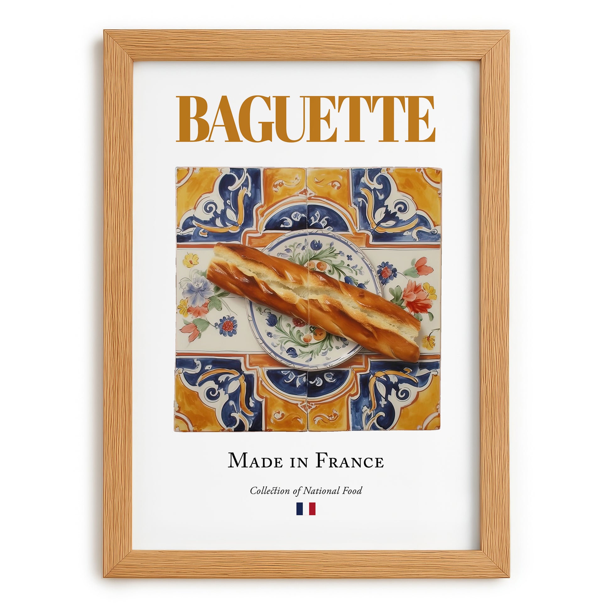 Baguette – French Bread Dish, Bistro Print, set in oak frame