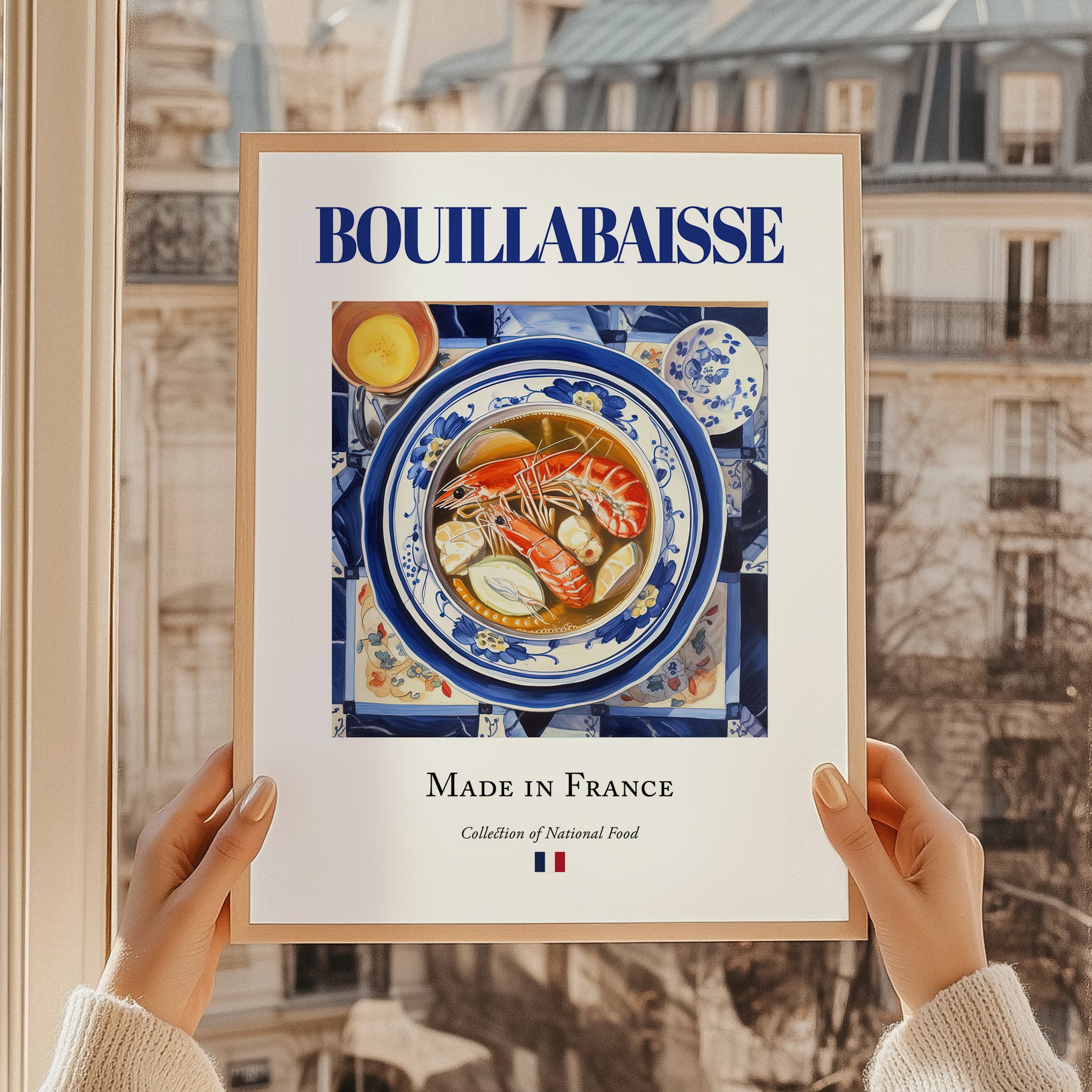 Bouillabaisse – French Soup Dish, Farmhouse Kitchen Illustration, styled in a charming Paris street view