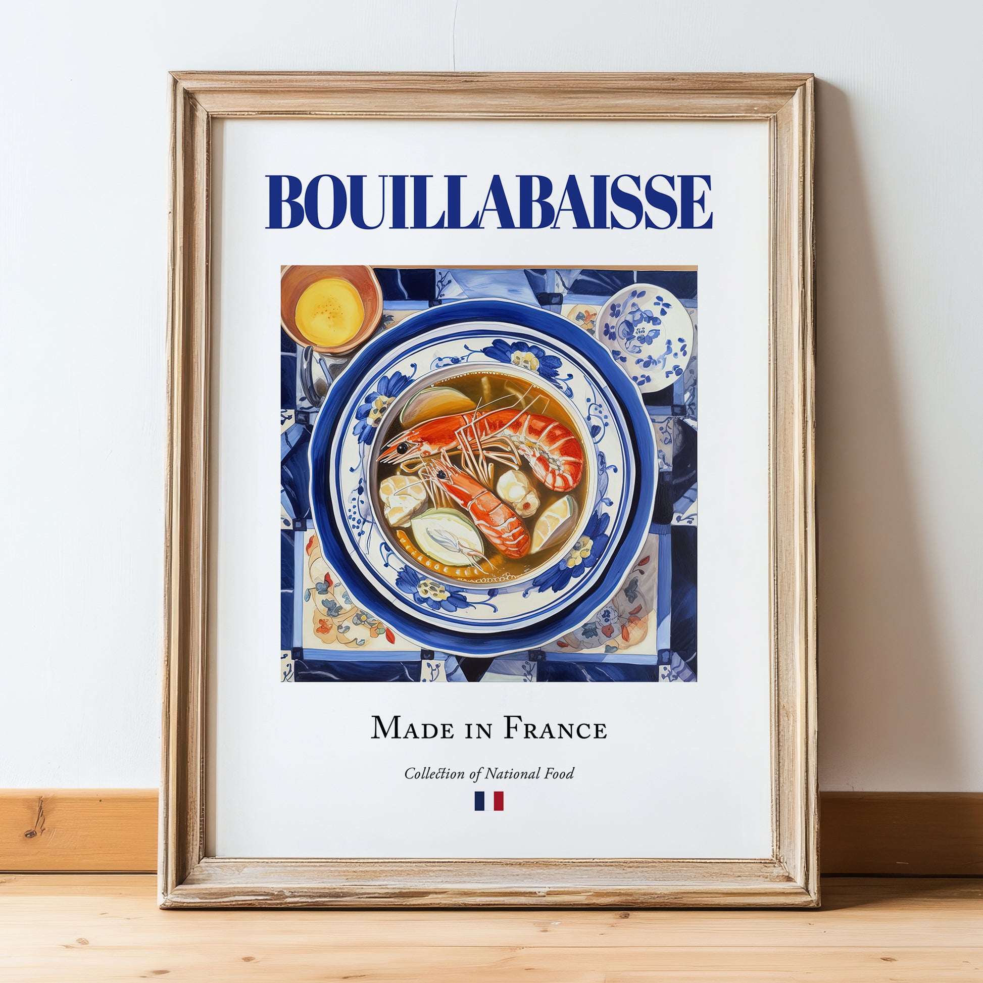 Bouillabaisse – French Soup Dish, Farmhouse Kitchen Illustration, in wooden frame leaning on the floor
