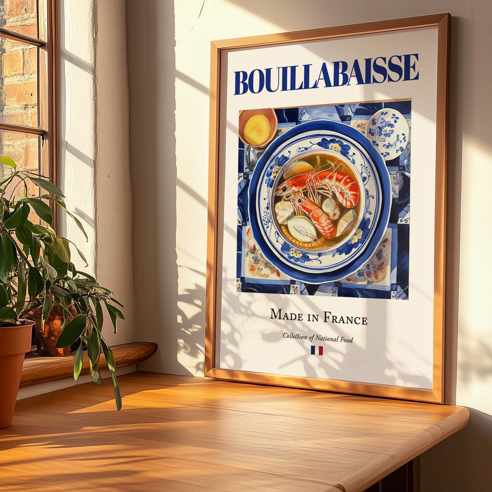 Bouillabaisse – French Soup Dish, Farmhouse Kitchen Illustration, no-text version framed in wood