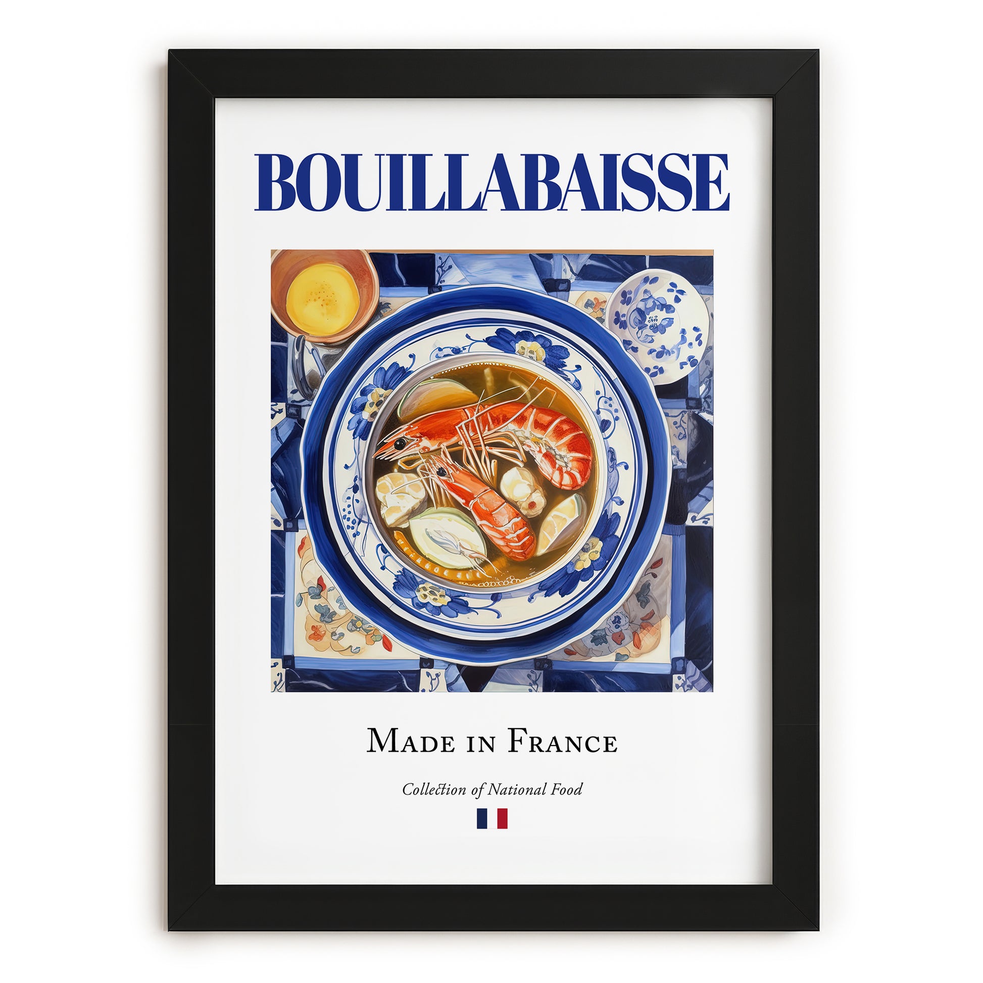 Bouillabaisse – French Soup Dish, Farmhouse Kitchen Illustration, in sleek black frame