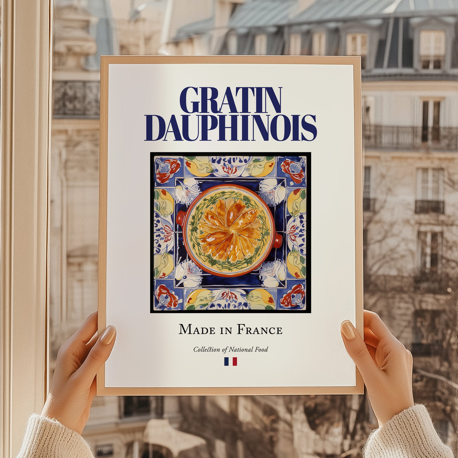 Gratin Dauphinois – French Dish, Fine Dining Restaurant Poster, styled in a charming Paris street view