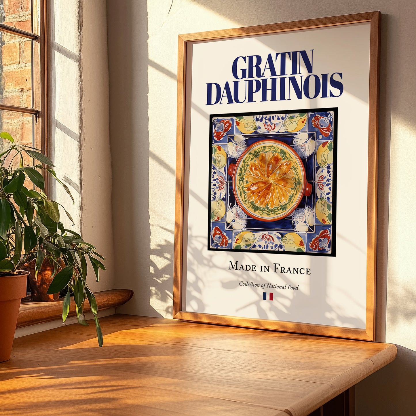 Gratin Dauphinois – French Dish, Fine Dining Restaurant Poster, no-text version framed in wood