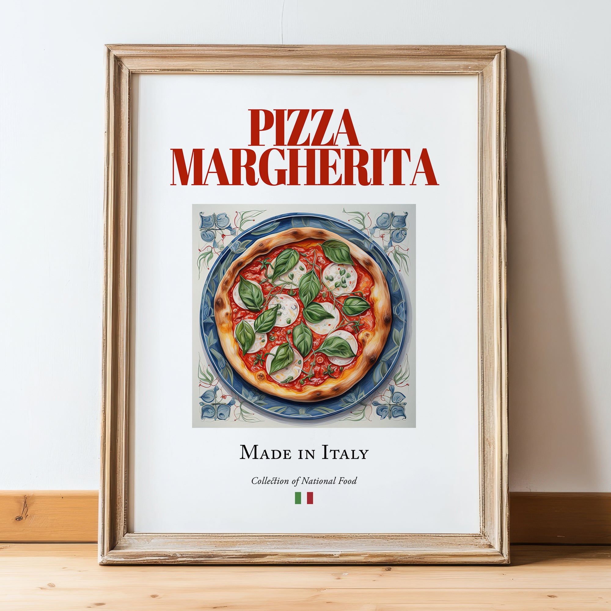 Pizza Margherita – Italian Pizza, Trattoria Wall Art, in wooden frame leaning on the floor