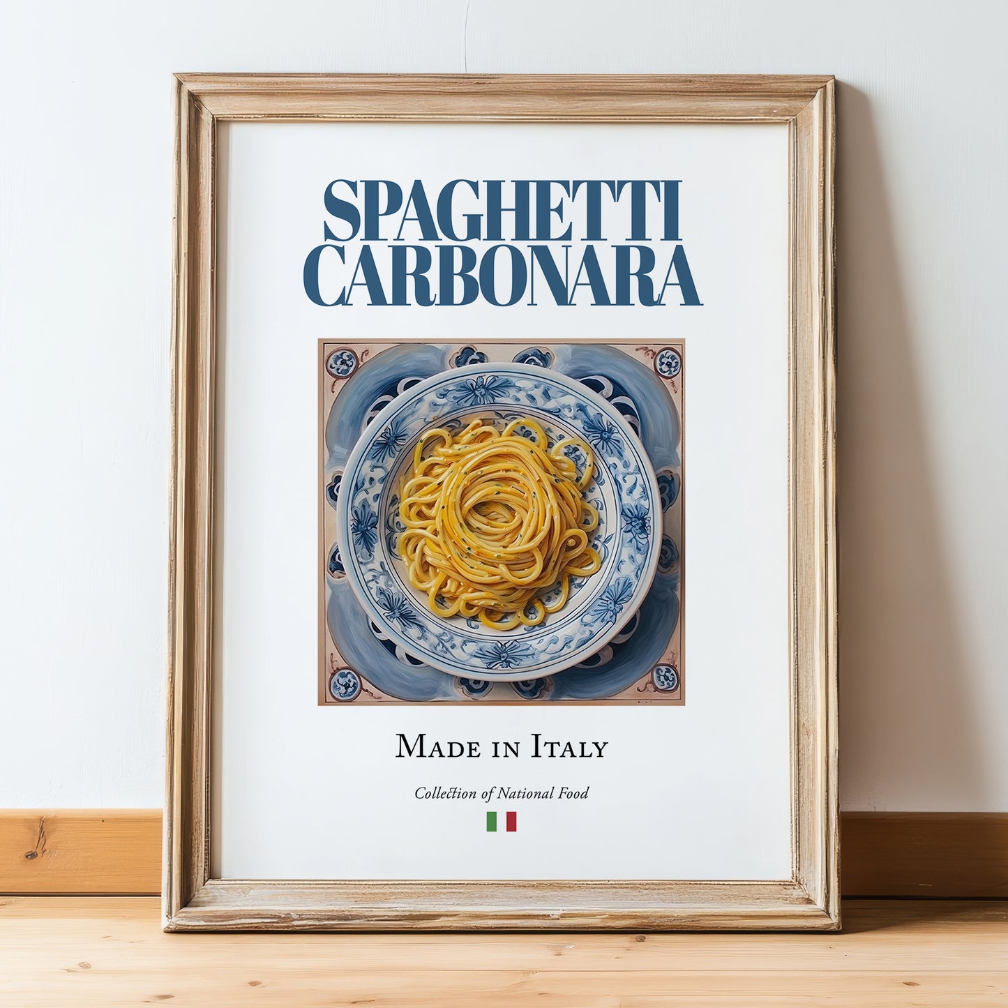Spaghetti Carbonara – Italian Pasta, Ristorante Poster, in wooden frame leaning on the floor